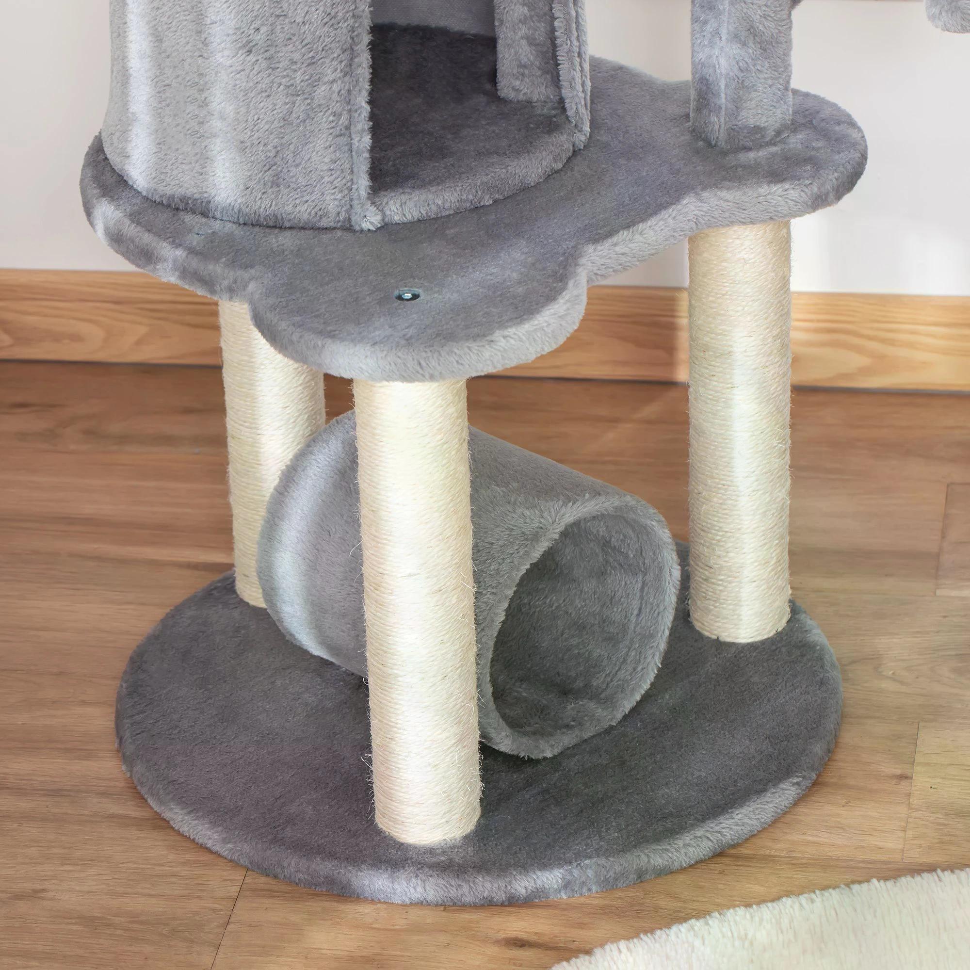PawHut Cat Tree Tower Climbing Activity Center Kitten Furniture with Jute Scratching Post Bed Tunnel Perch Hanging Balls Grey