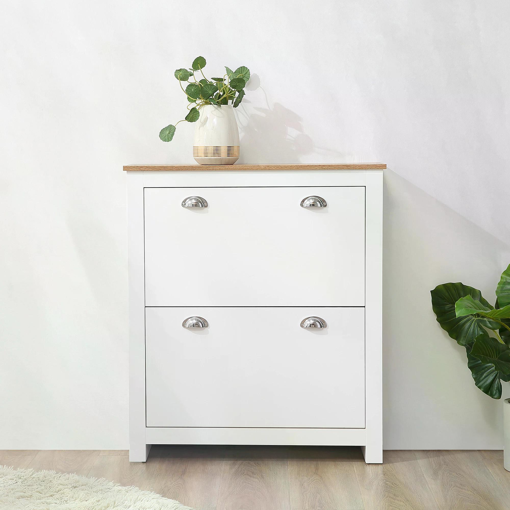 HOMCOM Compact 2 Drawer Shoe Storage Cabinet, Modern Hallway Organiser, Wooden, with Flip Doors & Adjustable Shelf, Holds 12 Pairs, White