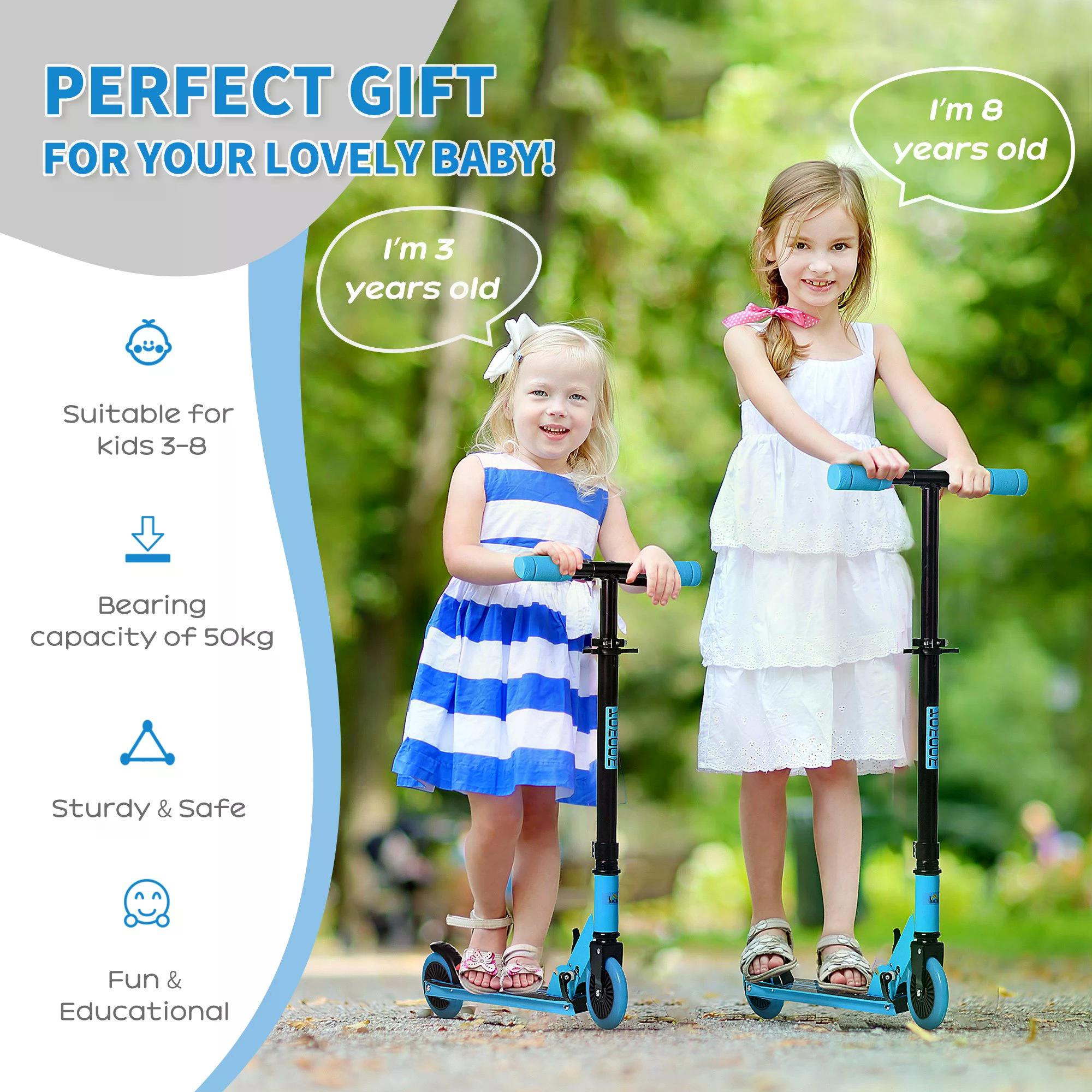 HOMCOM Scooter for Kids Toddler Foldable Kick Scooter with Adjustable Height Brake for Boys and Girls 3-8 Years Aluminium Blue