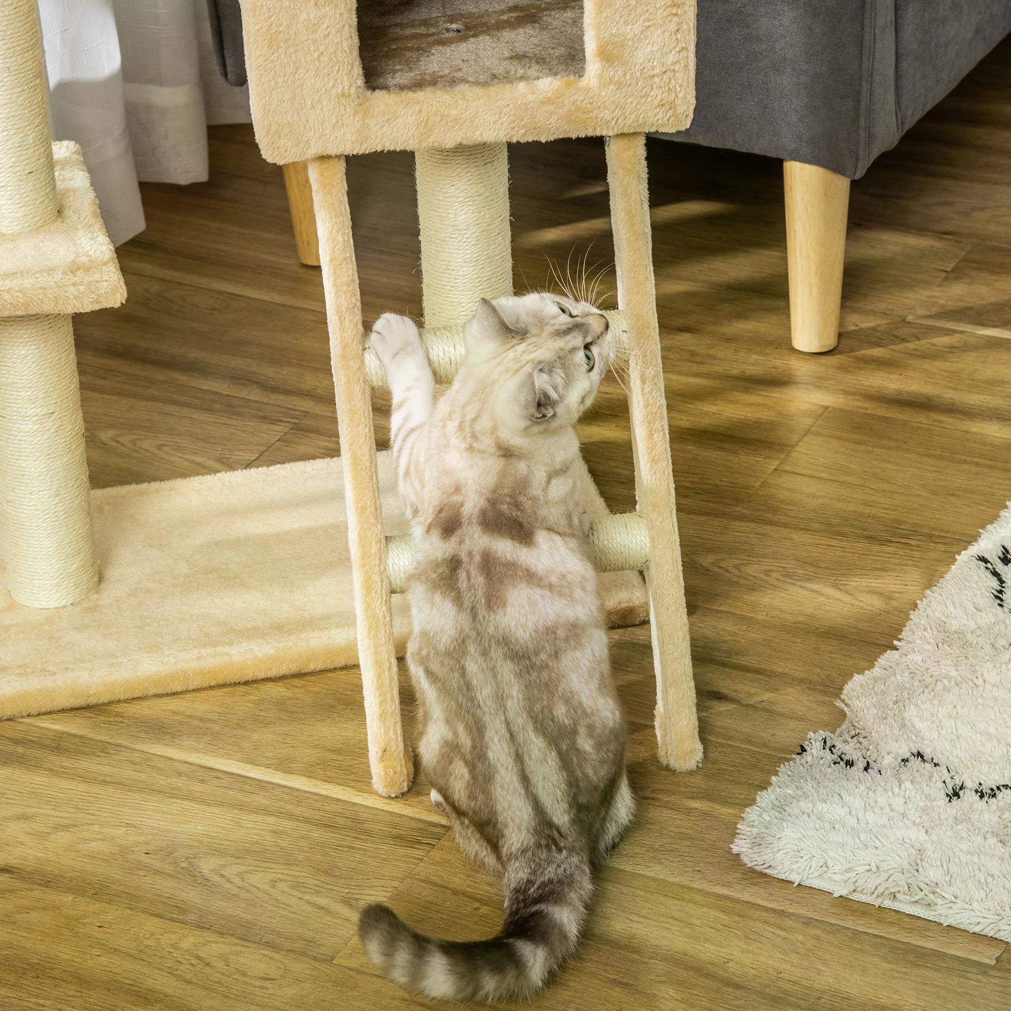 PawHut Cat Tree with Scratching Post, Hammock, Condo, Basket, Ladder Activity Centre for Kittens, 98 cm, Beige