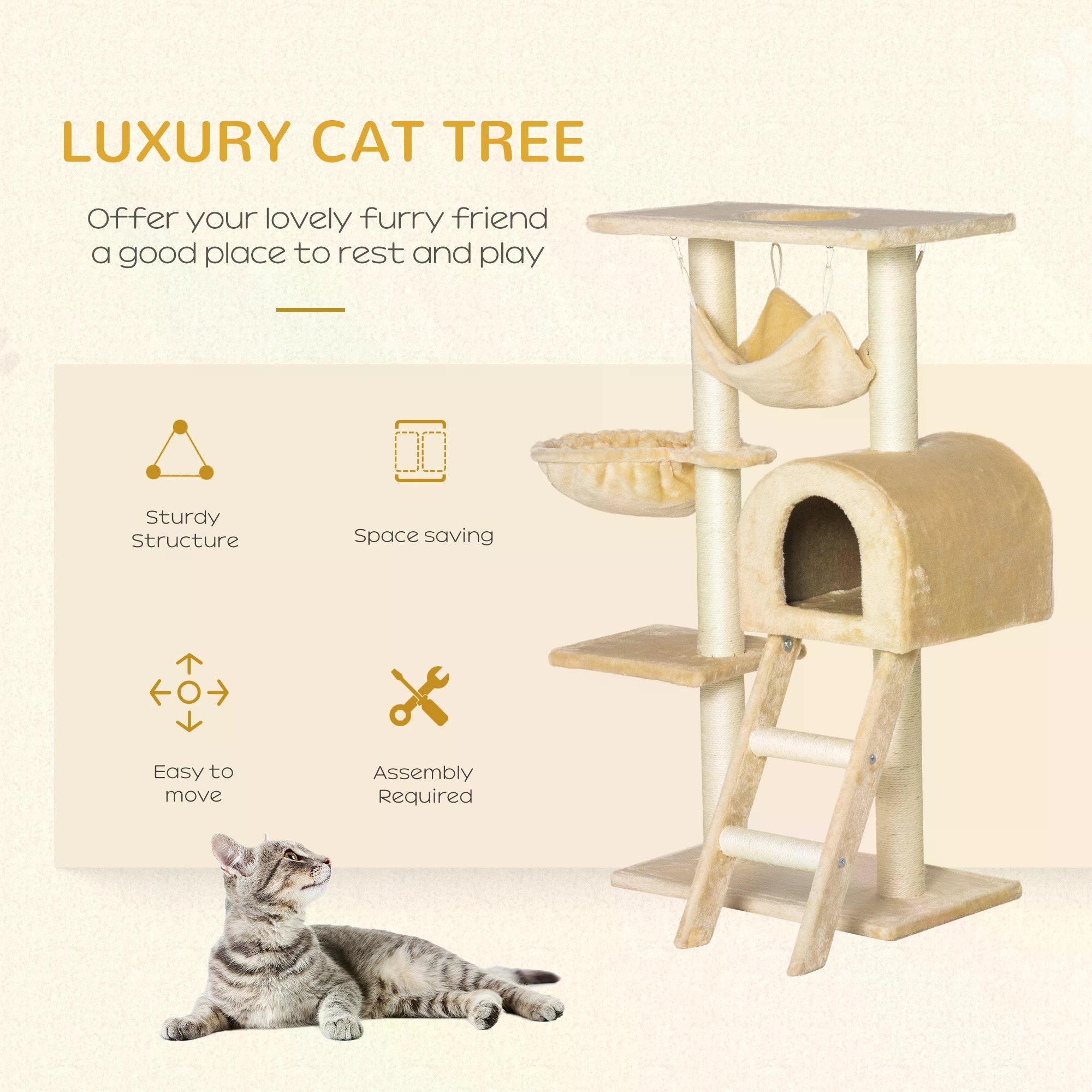 PawHut Cat Tree with Scratching Post, Hammock, Condo, Basket, Ladder Activity Centre for Kittens, 98 cm, Beige