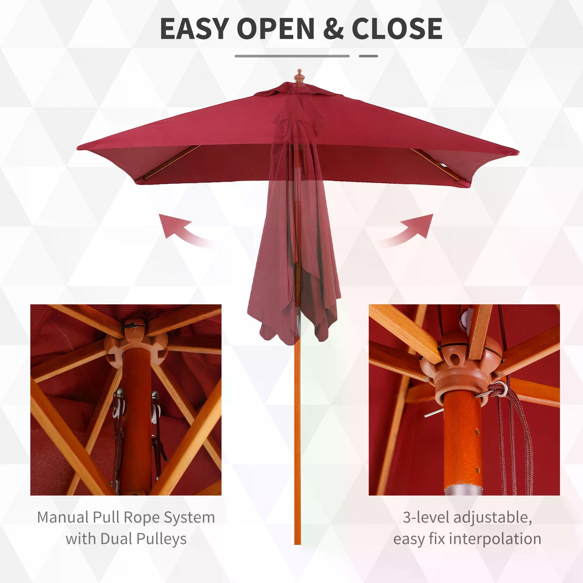 Outsunny 2 x 1.5m Patio Garden Parasol Sun Umbrella Sunshade Canopy Outdoor Backyard Furniture Fir Wooden Pole 6 Ribs Tilt Mechanism - Wine Red