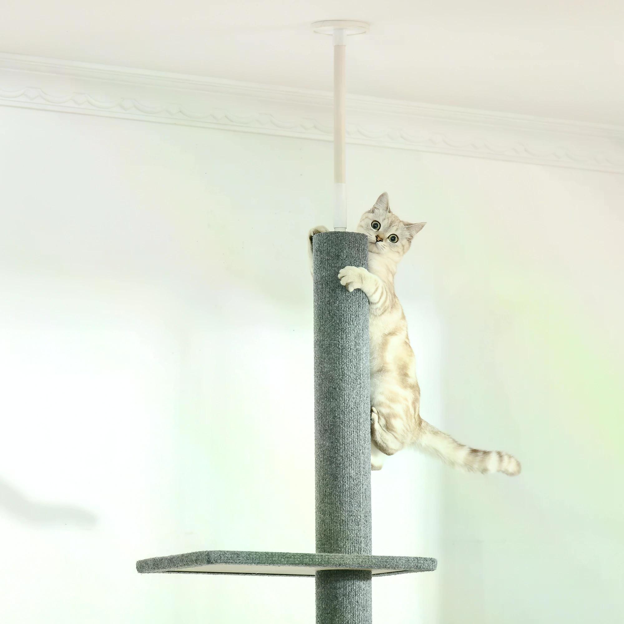 PawHut Cat Tree Tower, Floor to Ceiling with 3 Perches, Scratching Posts, Activity Centre for Kittens, Grey