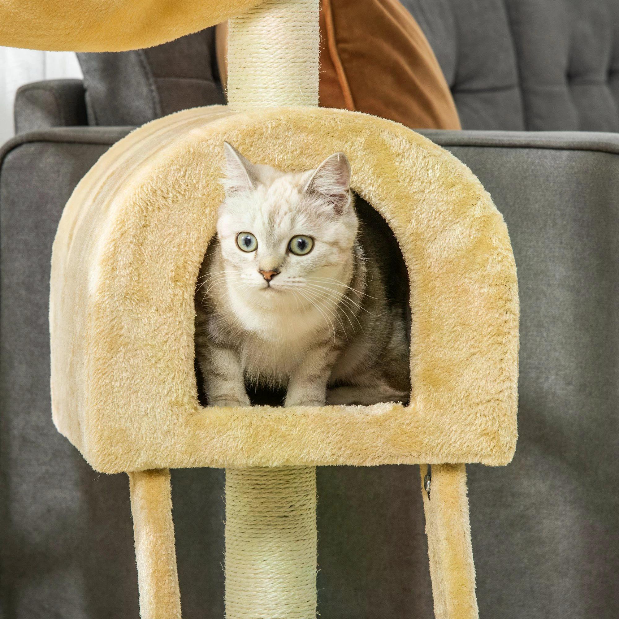 PawHut Cat Tree with Scratching Post, Hammock, Condo, Basket, Ladder Activity Centre for Kittens, 98 cm, Beige