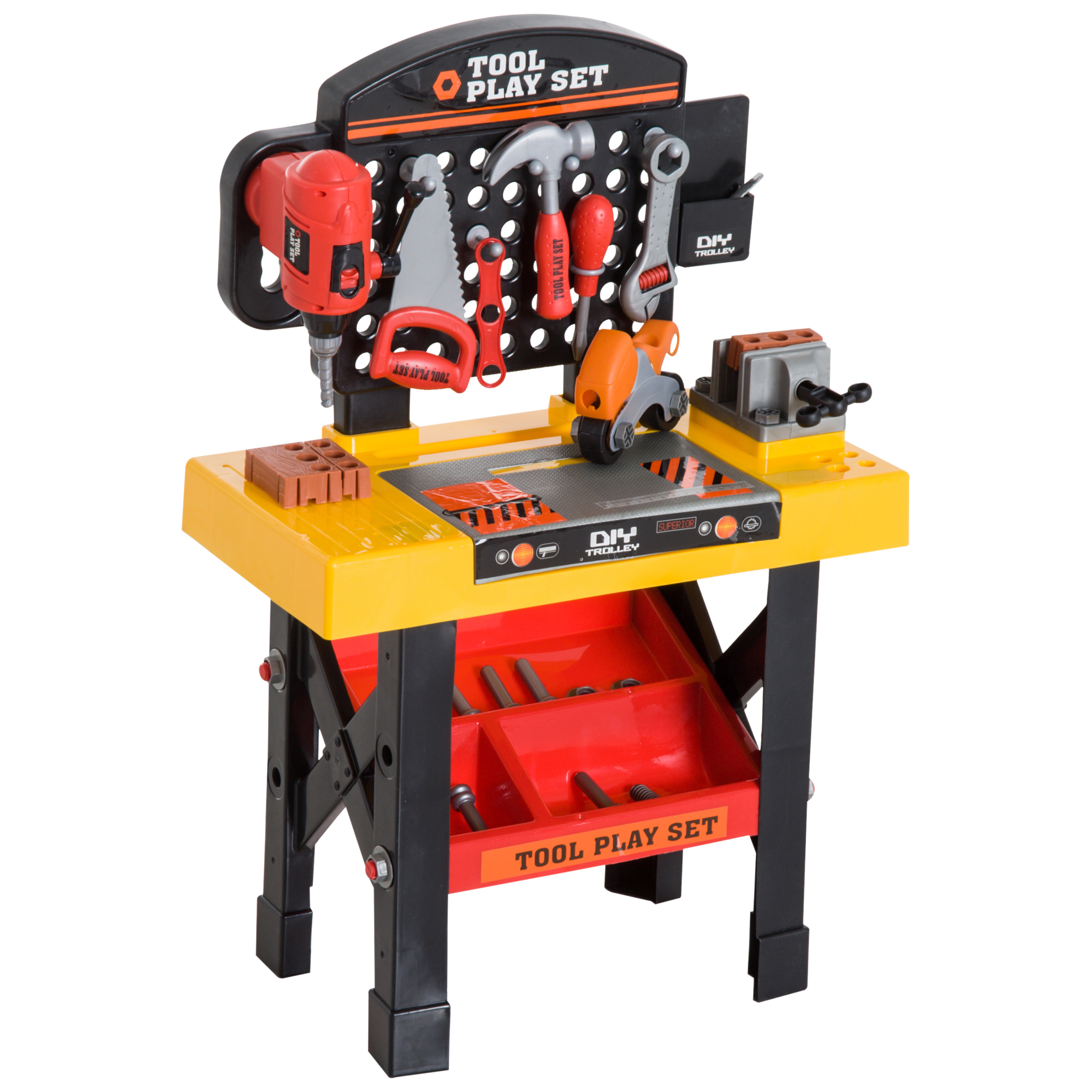 Leomark Banco Da Lavoro In Legno Per Bambini Con Attrezzi - Giocattolo Montessori, Set Officina 55 Pezzi + Auto E Rimorchio, Dimensioni 80,5 Cm - 2