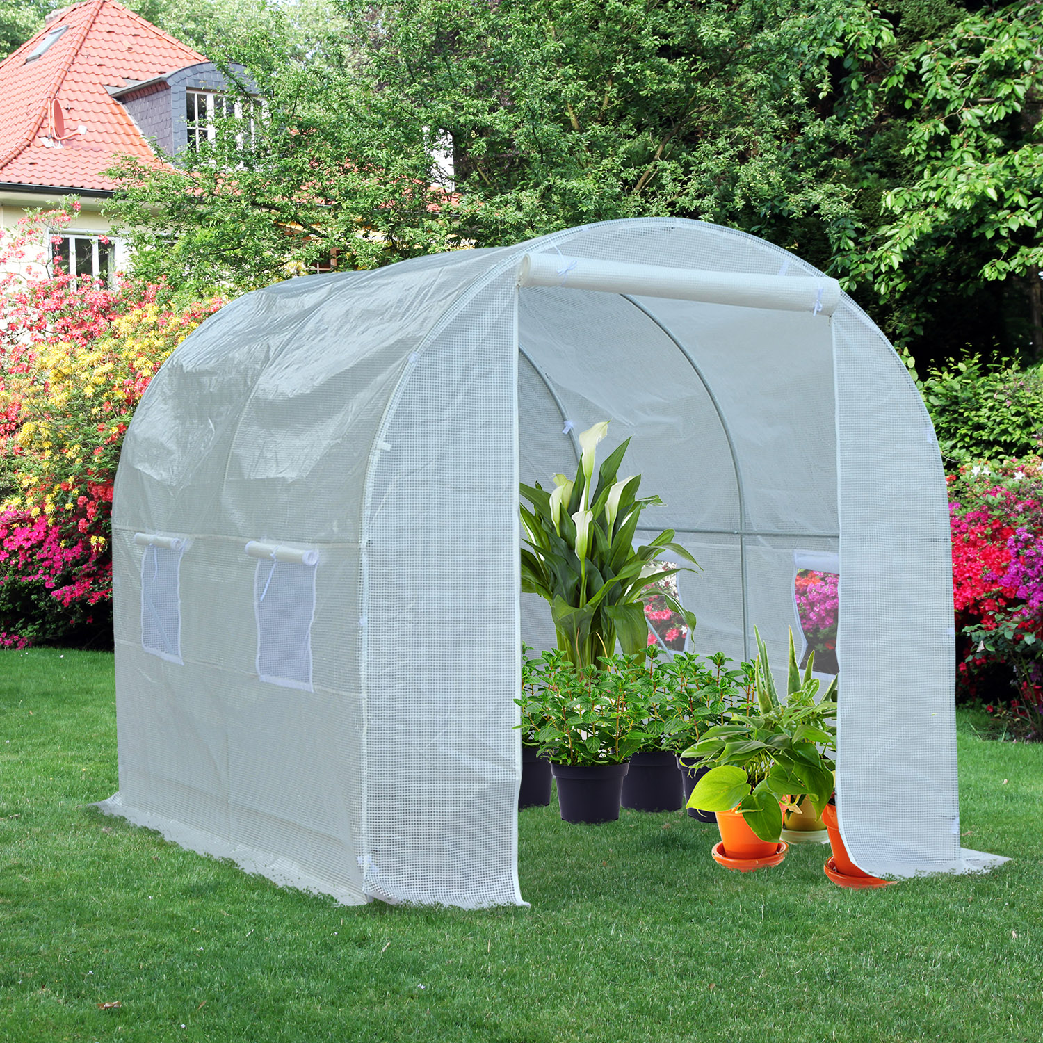 Outsunny Serra da Giardino a Tunnel Per Piante in PE con Tubi in Ferro, Bianco, 250x200x200cm