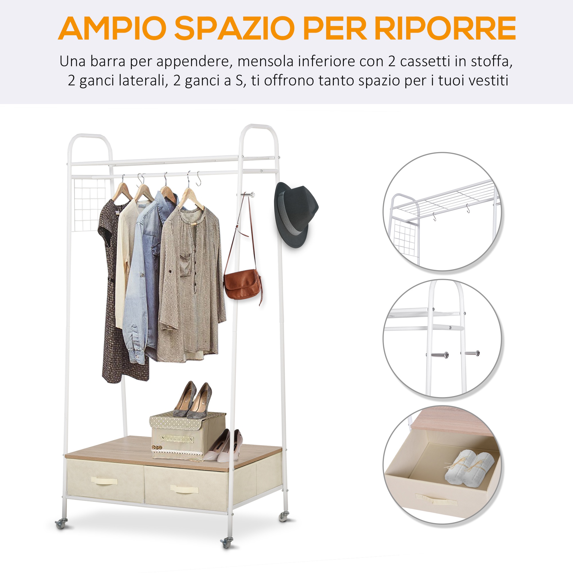 LARHN Appendiabiti da Parete Bianco - 5 Ganci - 43 c - Attaccapanni da