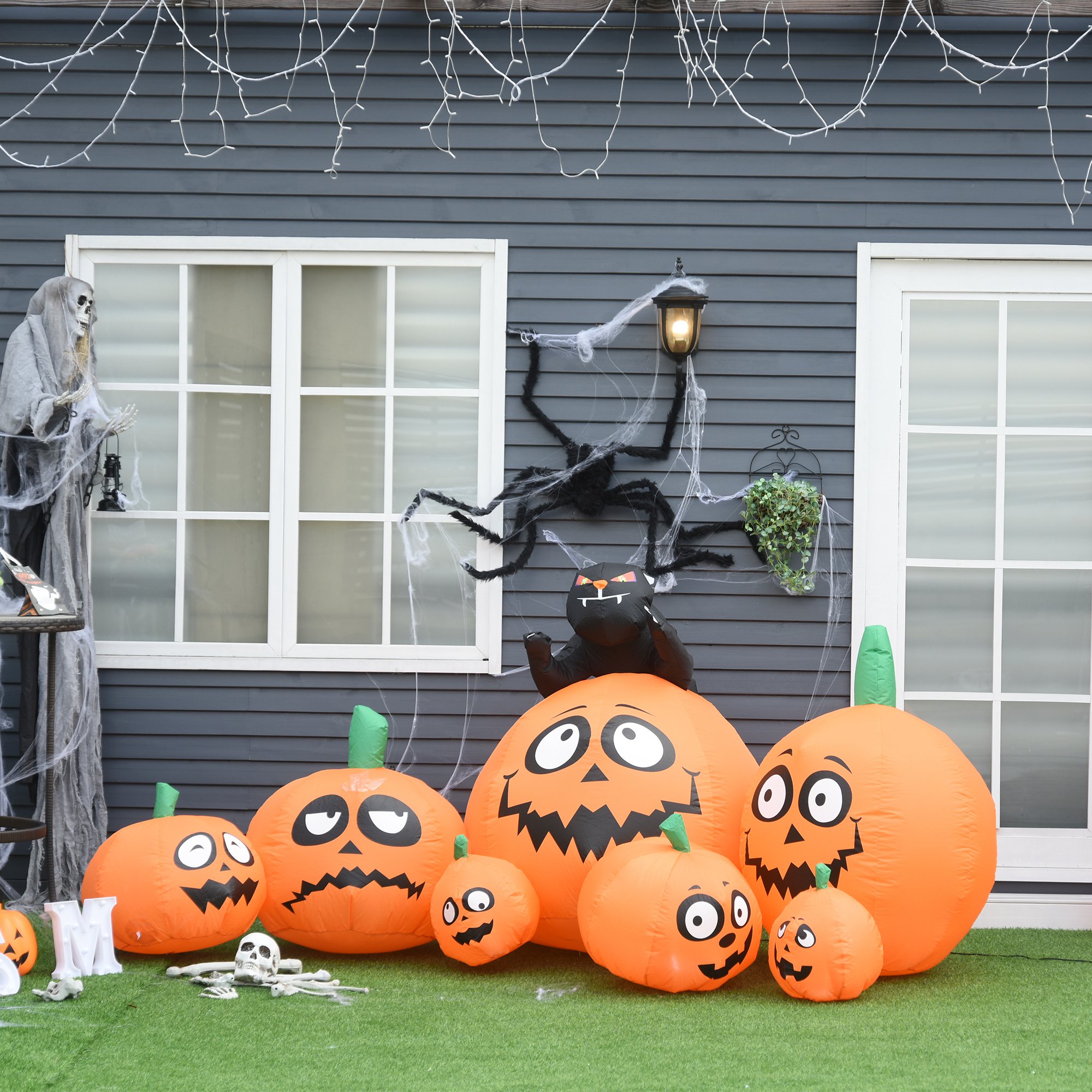 Fayavoo Decorazioni gonfiabili per esterni, 3,5 m, a forma di zucca, decorazioni per Halloween, con luce LED, sacchi di sabbia, picchetti, corde gonfiabili per Halloween, decorazione per feste in