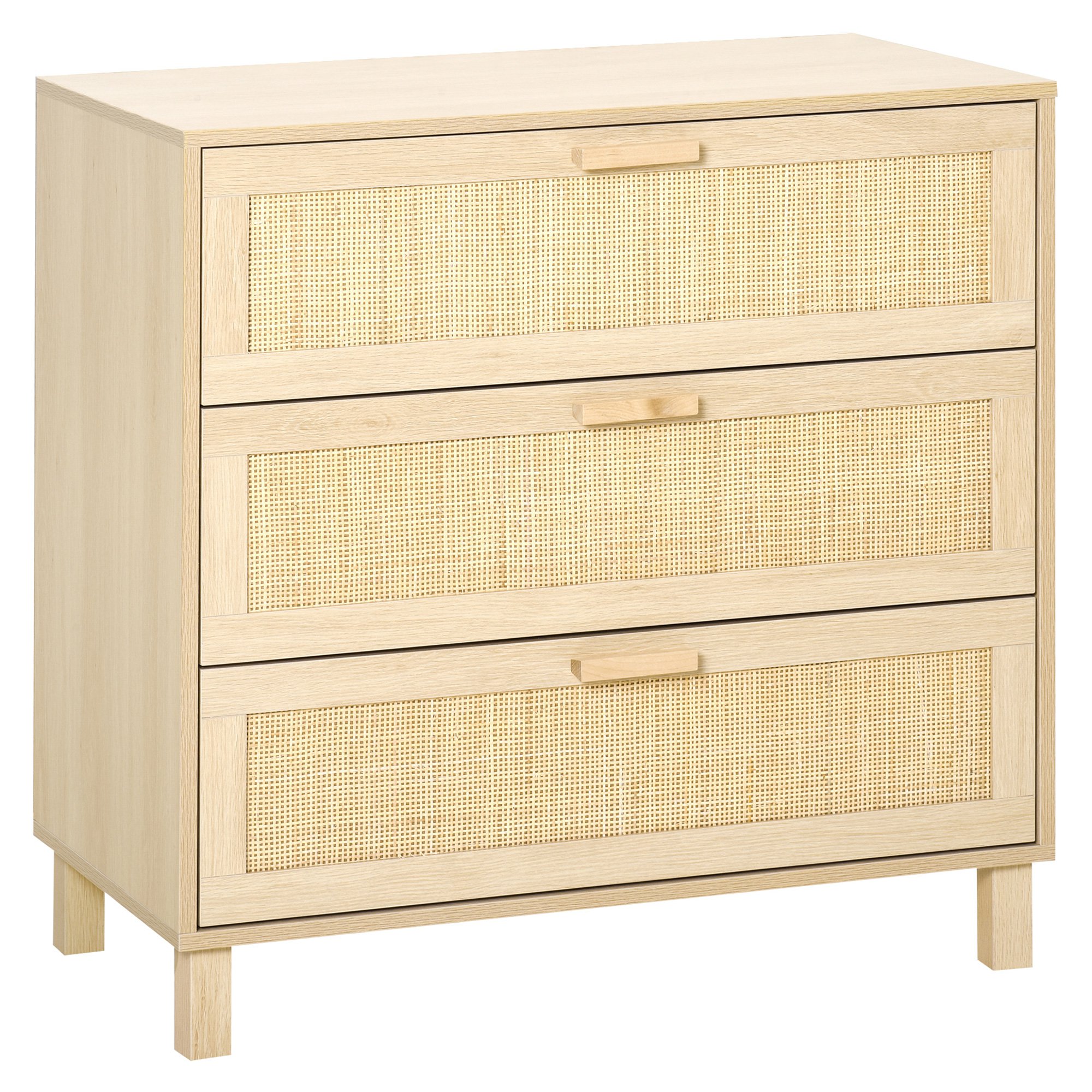 HOMCOM Casetiera cu 3 din lemn si ratan pentru camera de zi si dormitor, 80x40x80cm Culoare Lemn Natural | AOSOM.ro