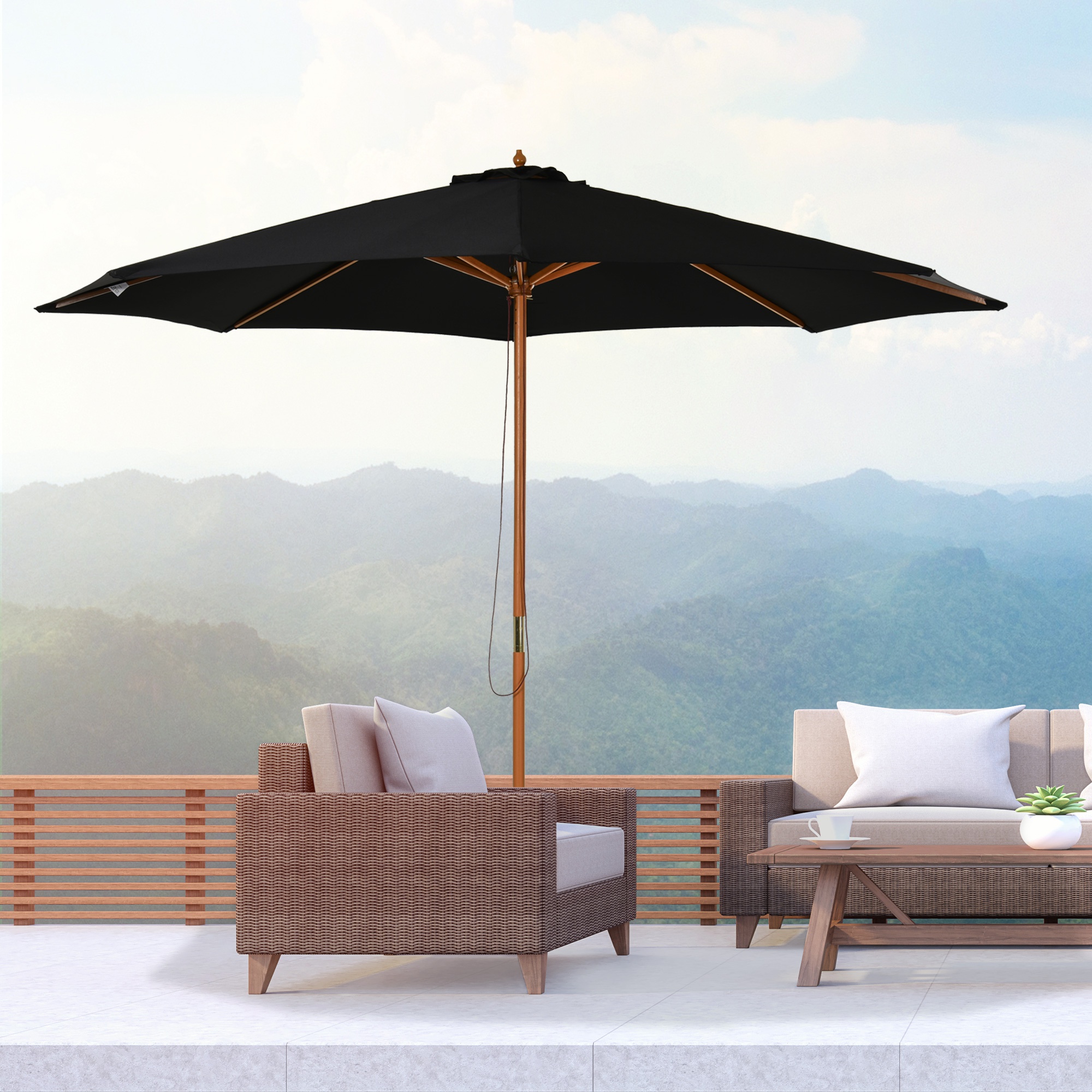 Outsunny Bamboo Style Garden Parasol, é–³æ‰å“3m Outdoor Patio Umbrella with 8 Ribs Sunshade Canopy, Black