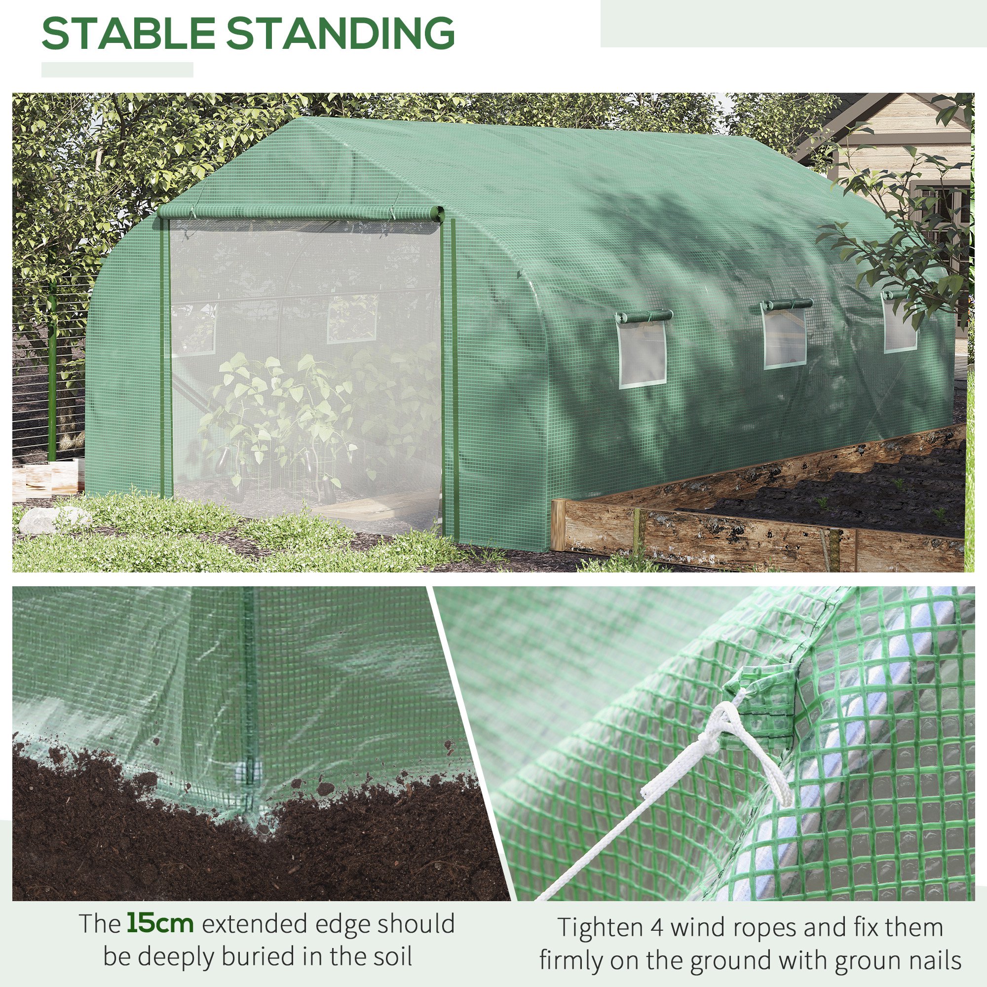 Outsunny 4.47 x 3 x 2m Walk-in Tunnel Greenhouse, Portable Polytunnel Tent, Plant Hot House with PE Cover, Zippered Roll Up Door and 6 Windows, Green