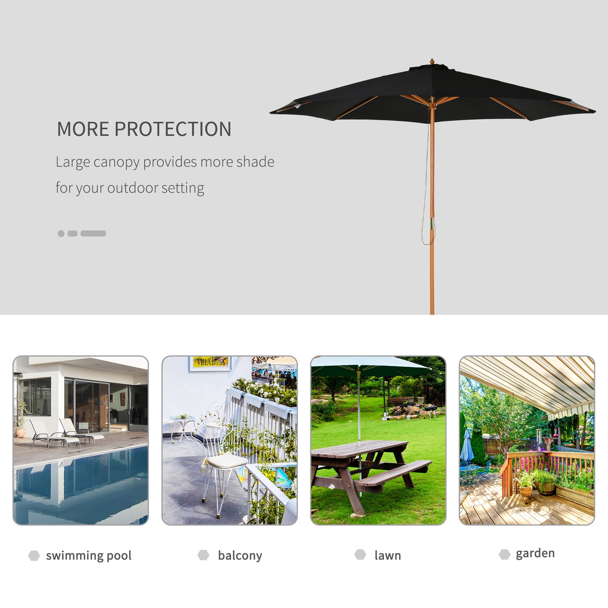 Outsunny Bamboo Style Garden Parasol, é–³æ‰å“3m Outdoor Patio Umbrella with 8 Ribs Sunshade Canopy, Black