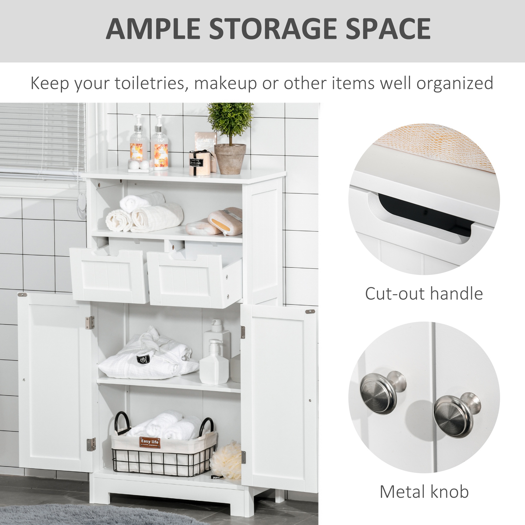 Kleankin Bathroom Storage Cabinet, Slim Freestanding Unit with 2 Drawers & Adjustable Shelf, White