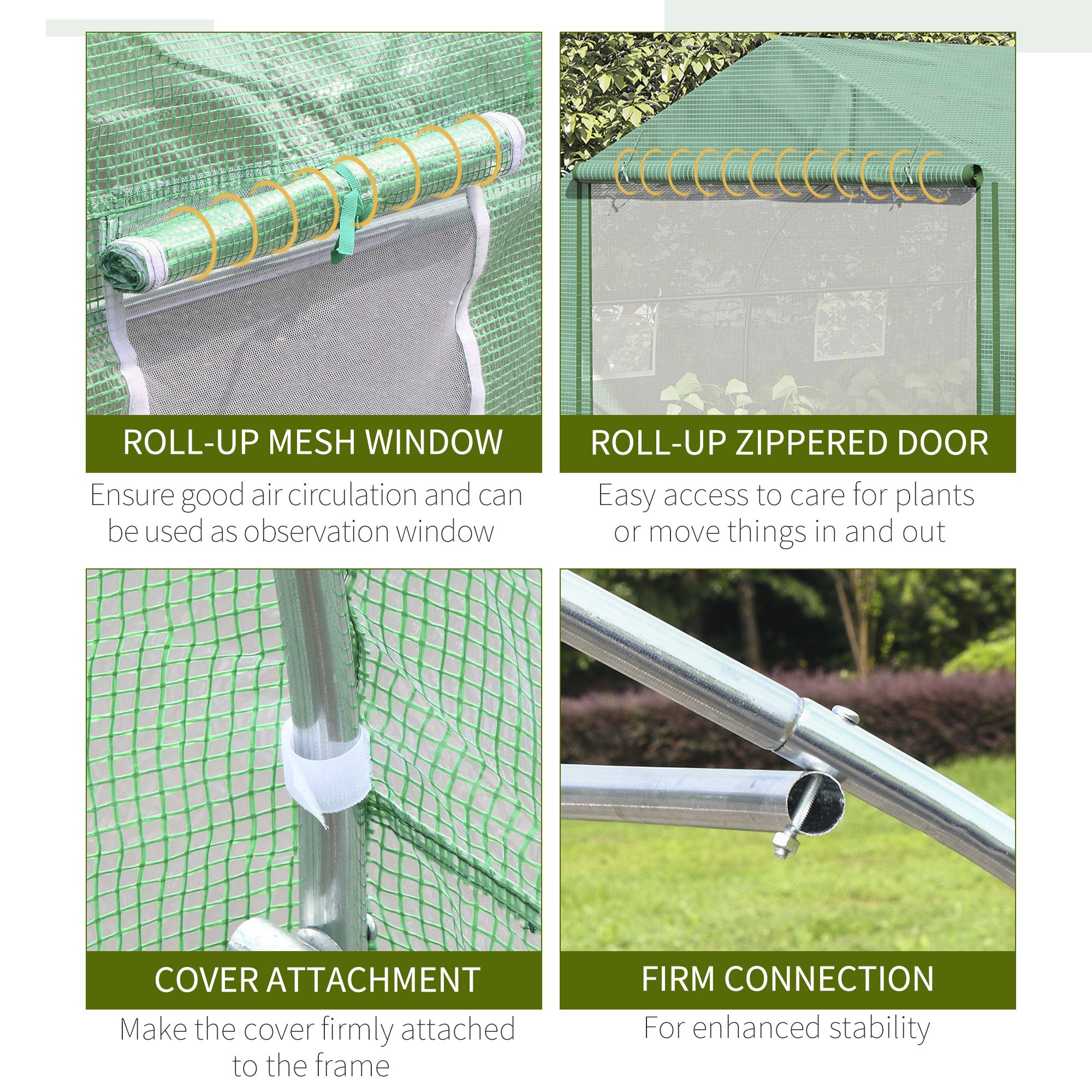 Outsunny 4.47 x 3 x 2m Walk-in Tunnel Greenhouse, Portable Polytunnel Tent, Plant Hot House with PE Cover, Zippered Roll Up Door and 6 Windows, Green