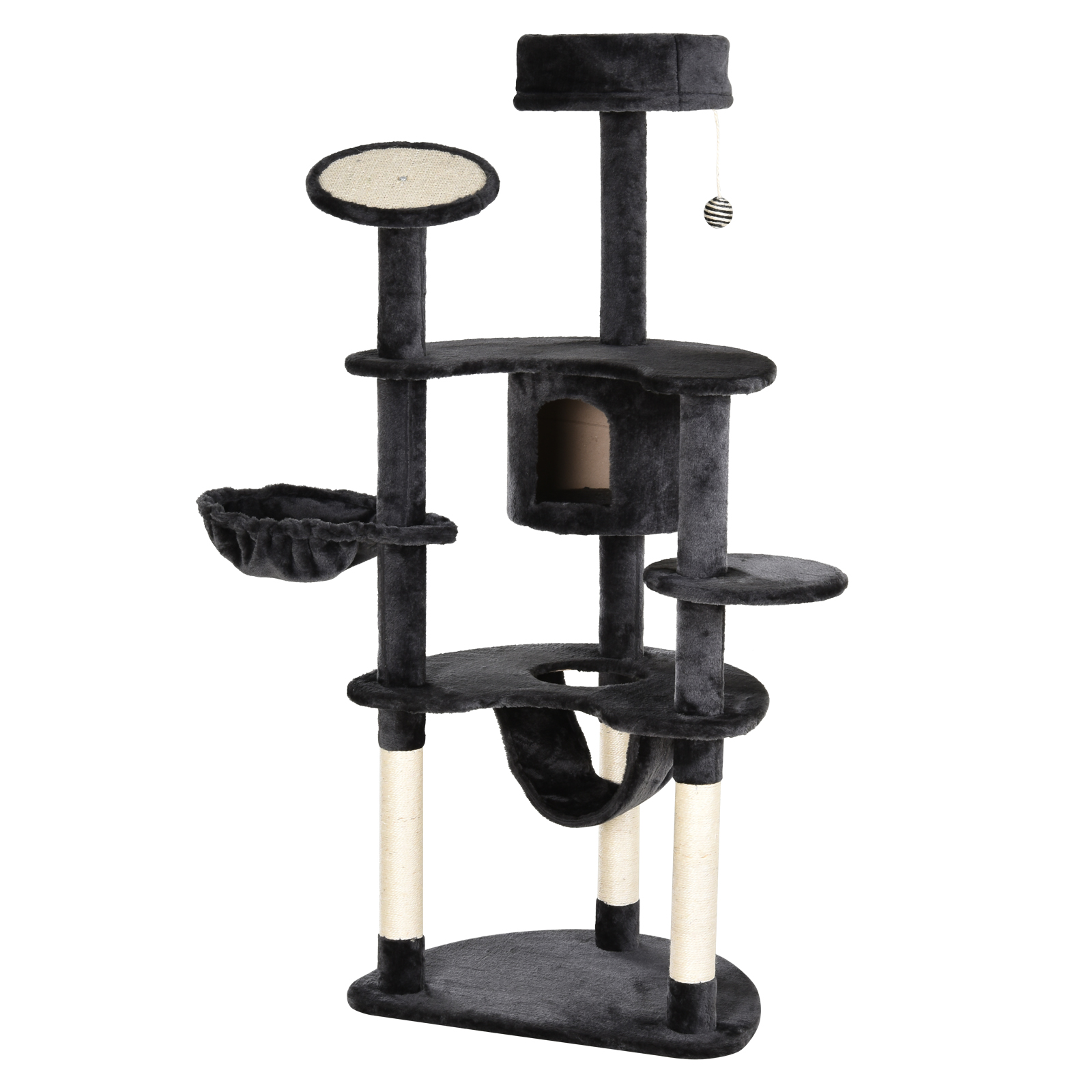 PawHut Árbol para Gatos Estable Centro de Actividades para Mascotas con Postes Rascadores Tableros Caja Hamaca Canasta Sisal Peluche 65x50x155 cm