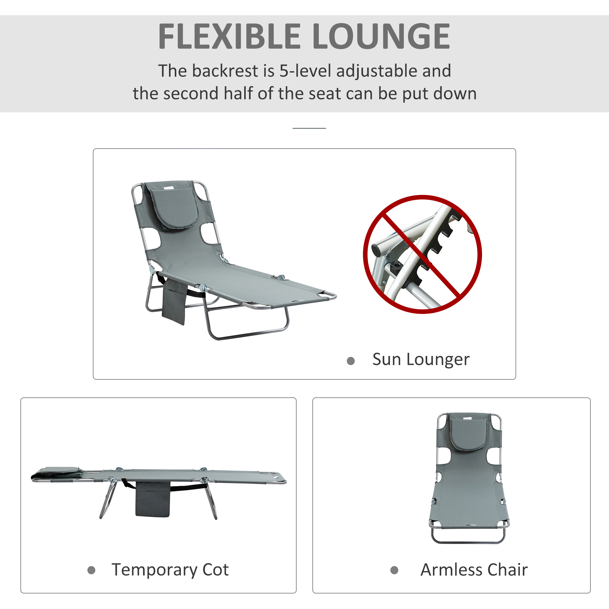 Outsunny Beach Chaise Lounge with Face Hole and Arm Slots, Portable Sun Lounger, 5-Position Reclining, Grey