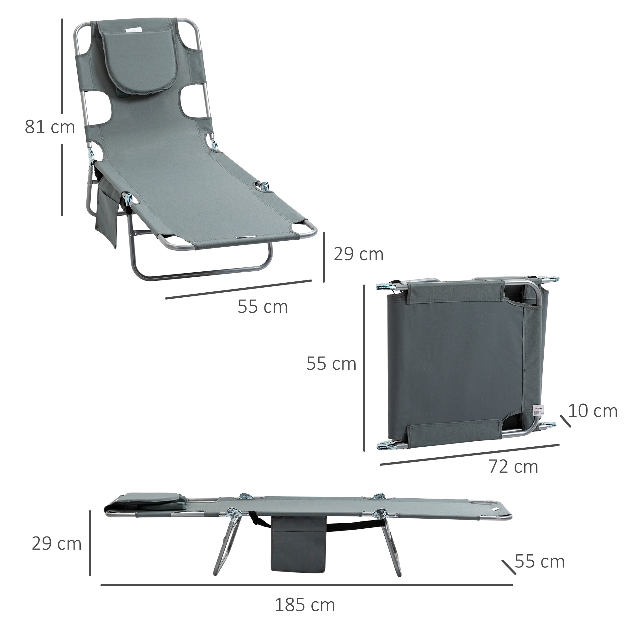 Outsunny Beach Chaise Lounge with Face Hole and Arm Slots, Portable Sun Lounger, 5-Position Reclining, Grey