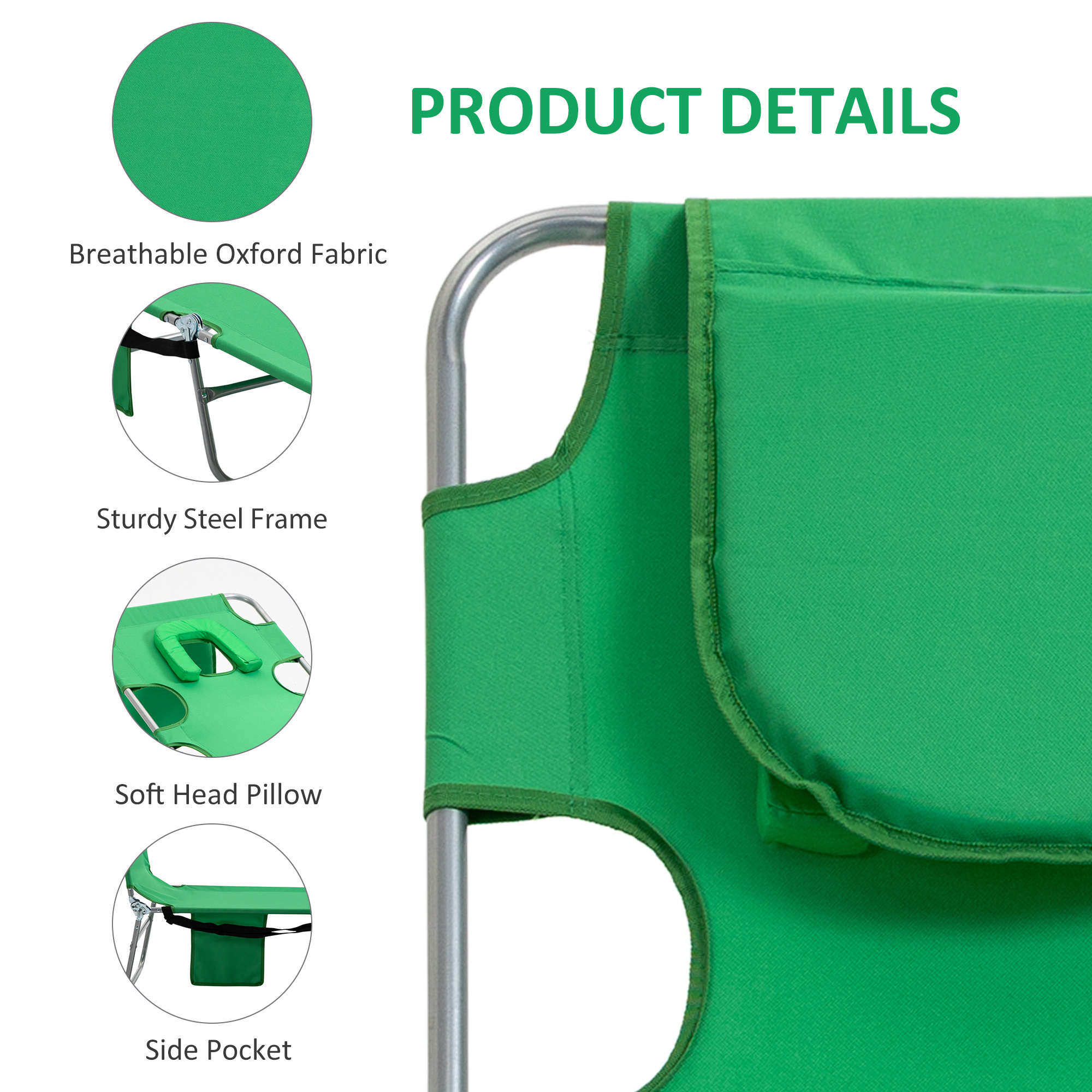 Outsunny Beach Chaise Lounge with Face Cavity & Arm Slots, Portable Sun Lounger, Reclining Lounge Chair for Patio Garden Beach Pool, Green