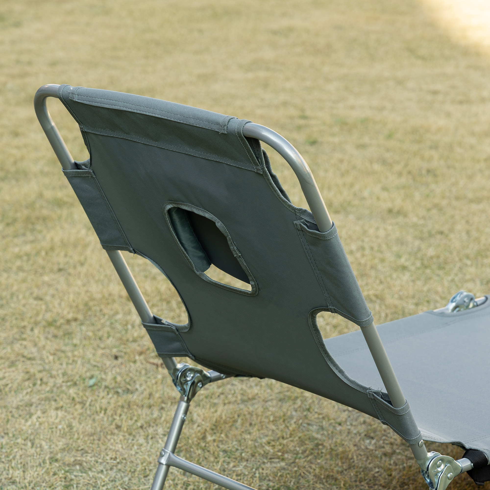 Outsunny Beach Chaise Lounge with Face Hole and Arm Slots, Portable Sun Lounger, 5-Position Reclining, Grey
