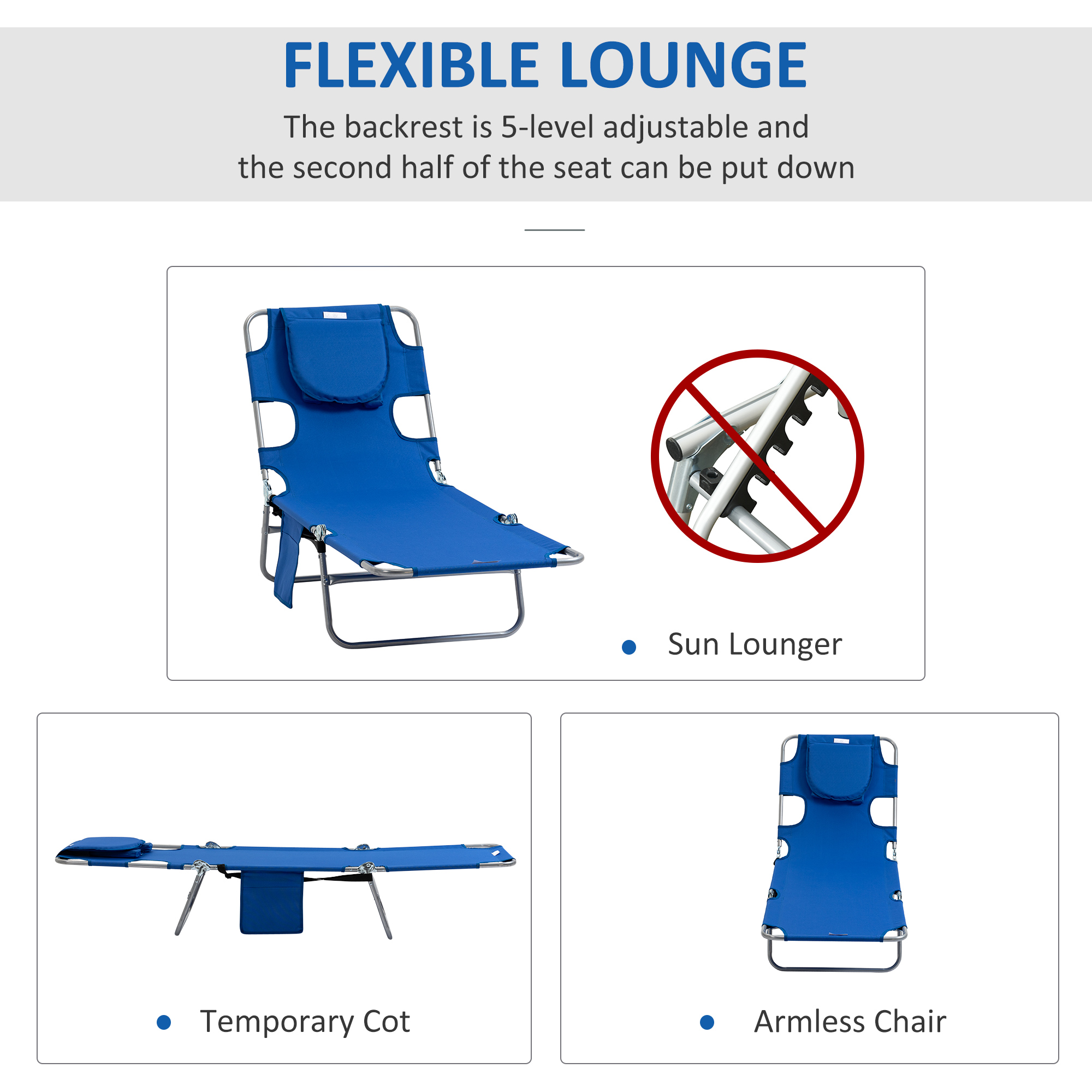 Outsunny Portable Beach Chaise Lounge with Face Cavity and Arm Slots, 5-Position Adjustable Backrest, Blue