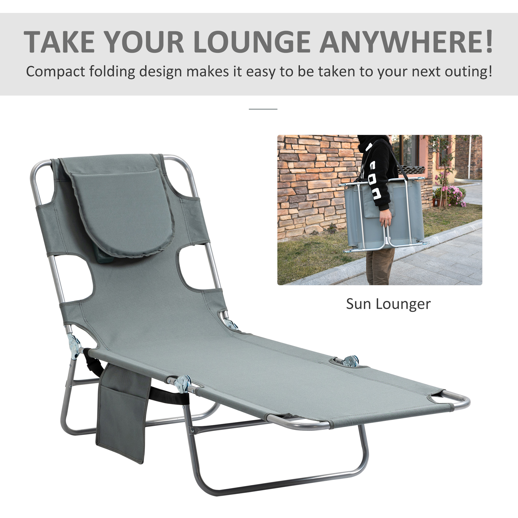 Outsunny Beach Chaise Lounge with Face Hole and Arm Slots, Portable Sun Lounger, 5-Position Reclining, Grey