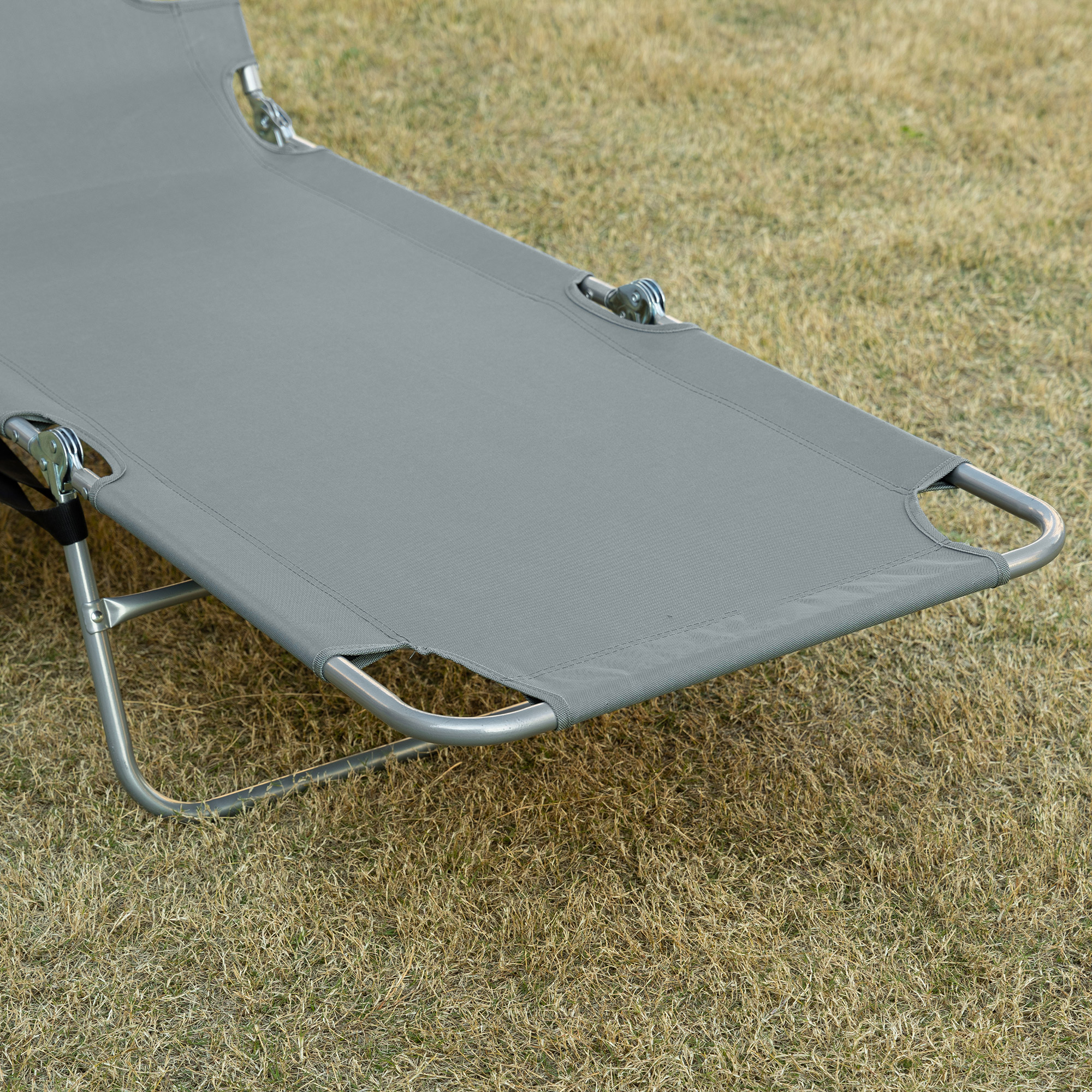 Outsunny Beach Chaise Lounge with Face Hole and Arm Slots, Portable Sun Lounger, 5-Position Reclining, Grey