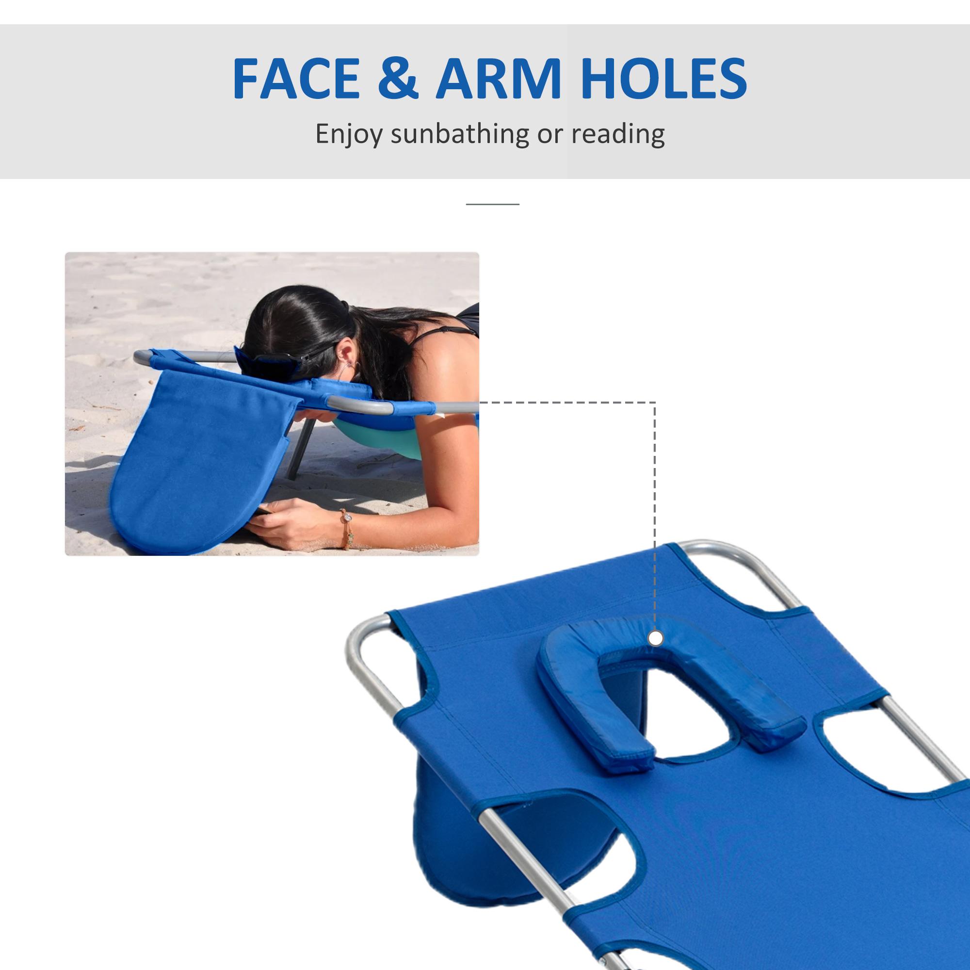 Outsunny Portable Beach Chaise Lounge with Face Cavity and Arm Slots, 5-Position Adjustable Backrest, Blue