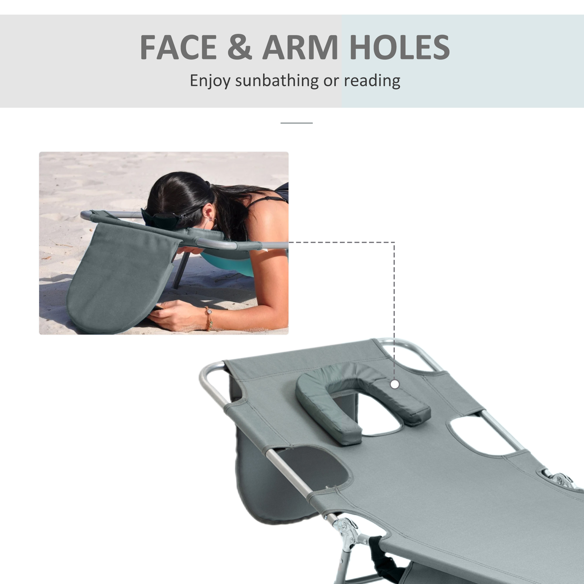 Outsunny Beach Chaise Lounge with Face Hole and Arm Slots, Portable Sun Lounger, 5-Position Reclining, Grey