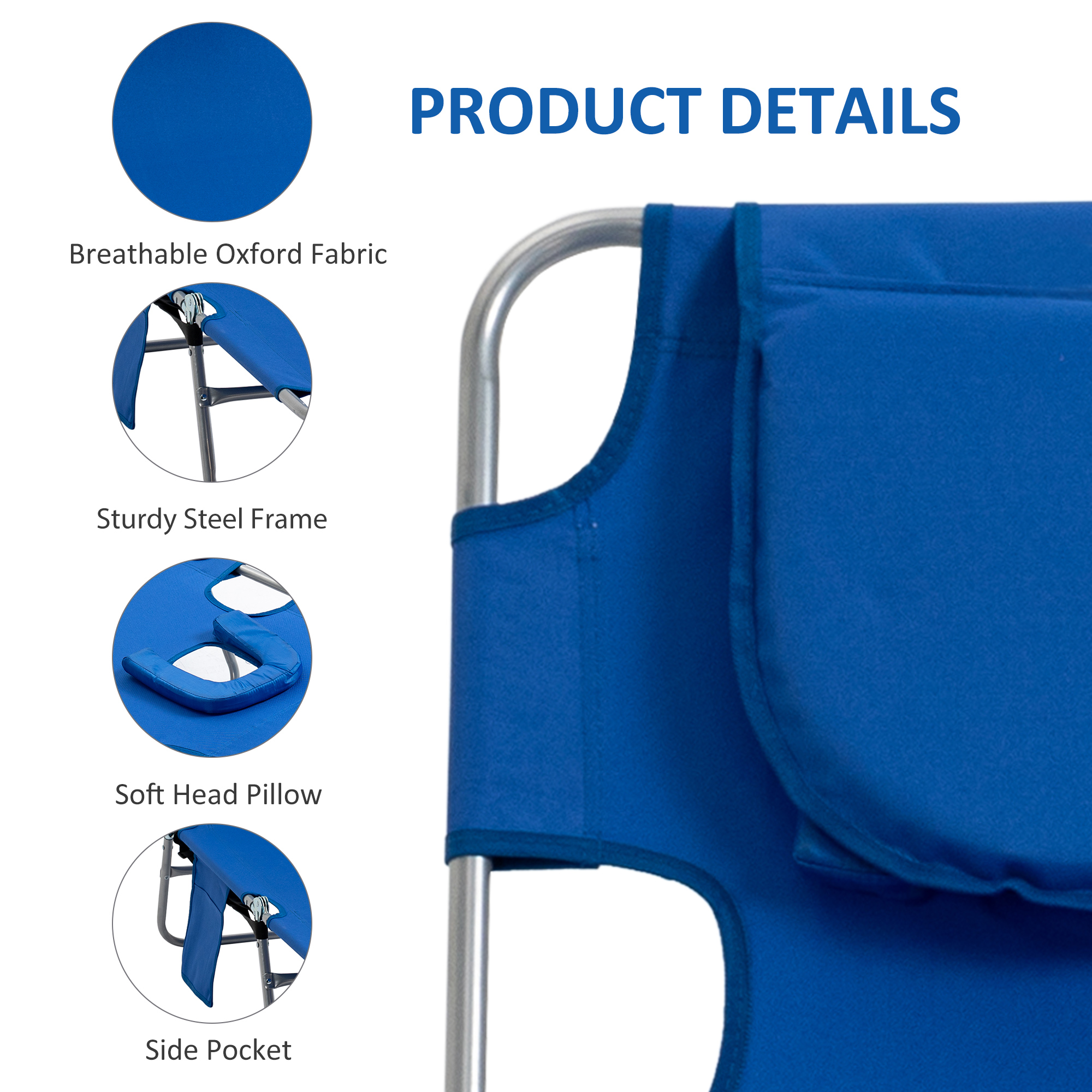 Outsunny Portable Beach Chaise Lounge with Face Cavity and Arm Slots, 5-Position Adjustable Backrest, Blue