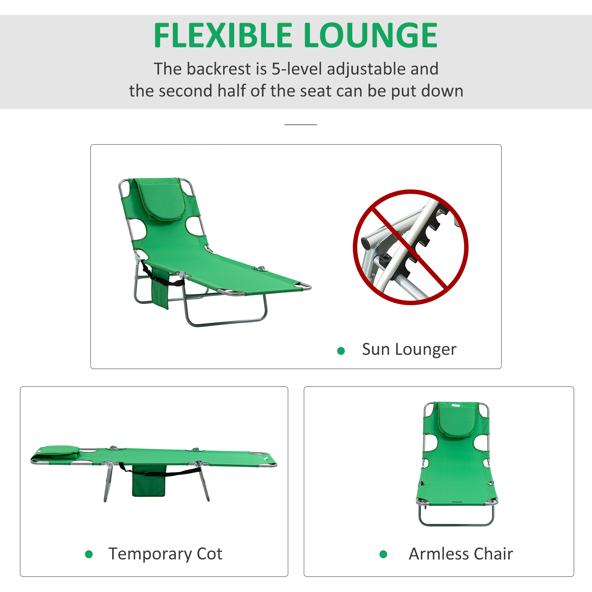 Outsunny Beach Chaise Lounge with Face Cavity & Arm Slots, Portable Sun Lounger, Reclining Lounge Chair for Patio Garden Beach Pool, Green