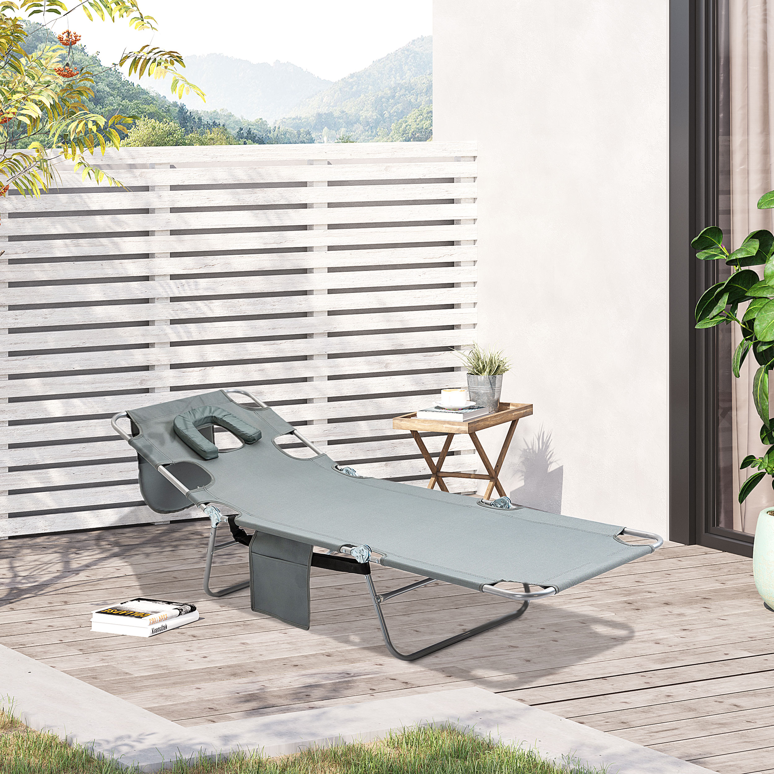 Outsunny Beach Chaise Lounge with Face Hole and Arm Slots, Portable Sun Lounger, 5-Position Reclining, Grey