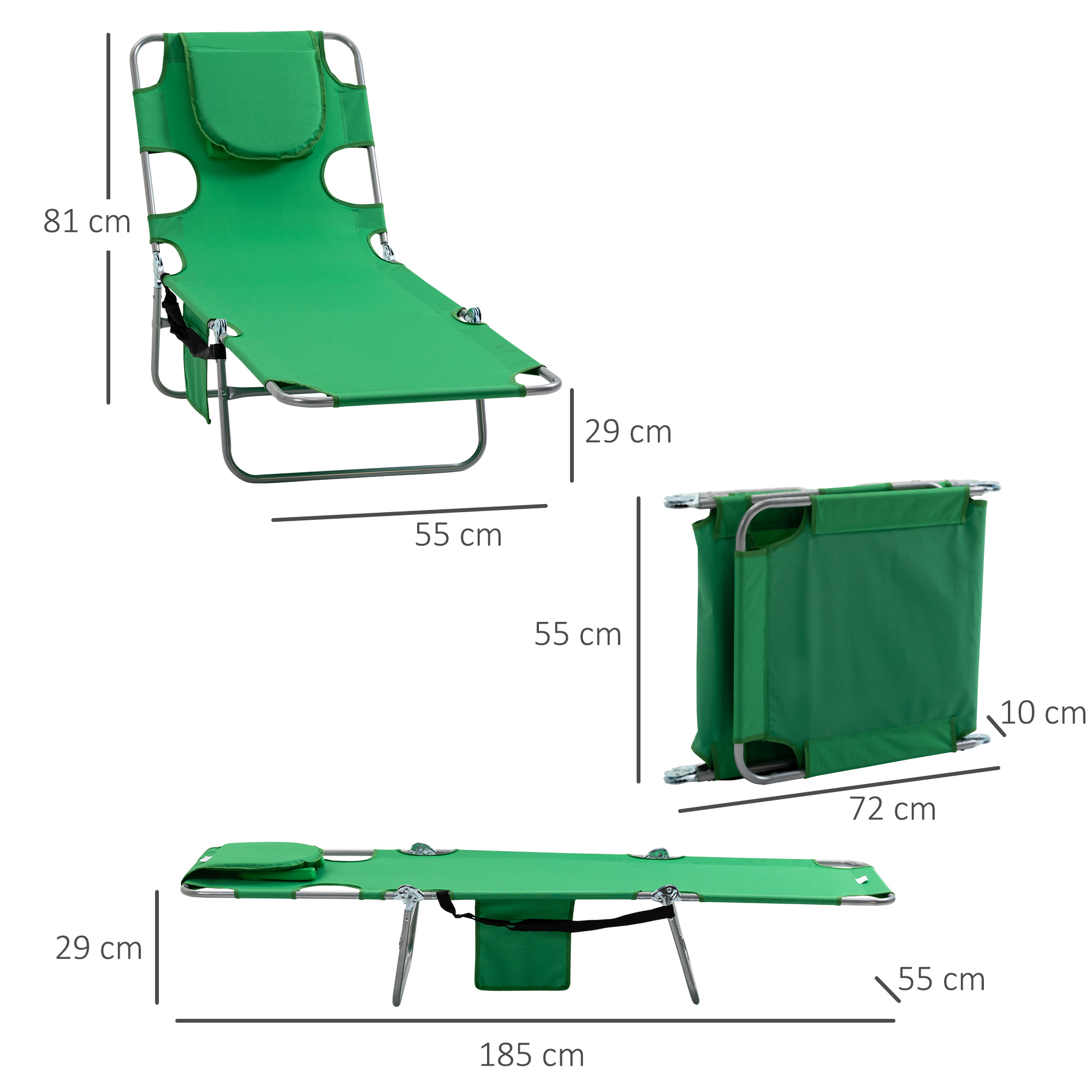 Outsunny Beach Chaise Lounge with Face Cavity & Arm Slots, Portable Sun Lounger, Reclining Lounge Chair for Patio Garden Beach Pool, Green