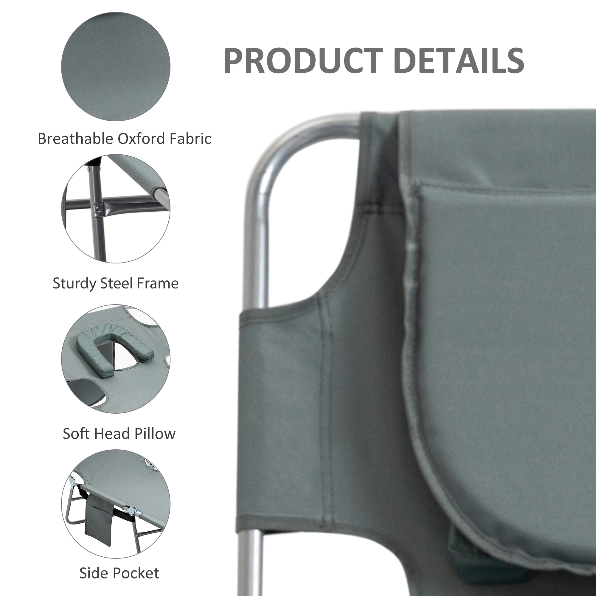Outsunny Beach Chaise Lounge with Face Hole and Arm Slots, Portable Sun Lounger, 5-Position Reclining, Grey