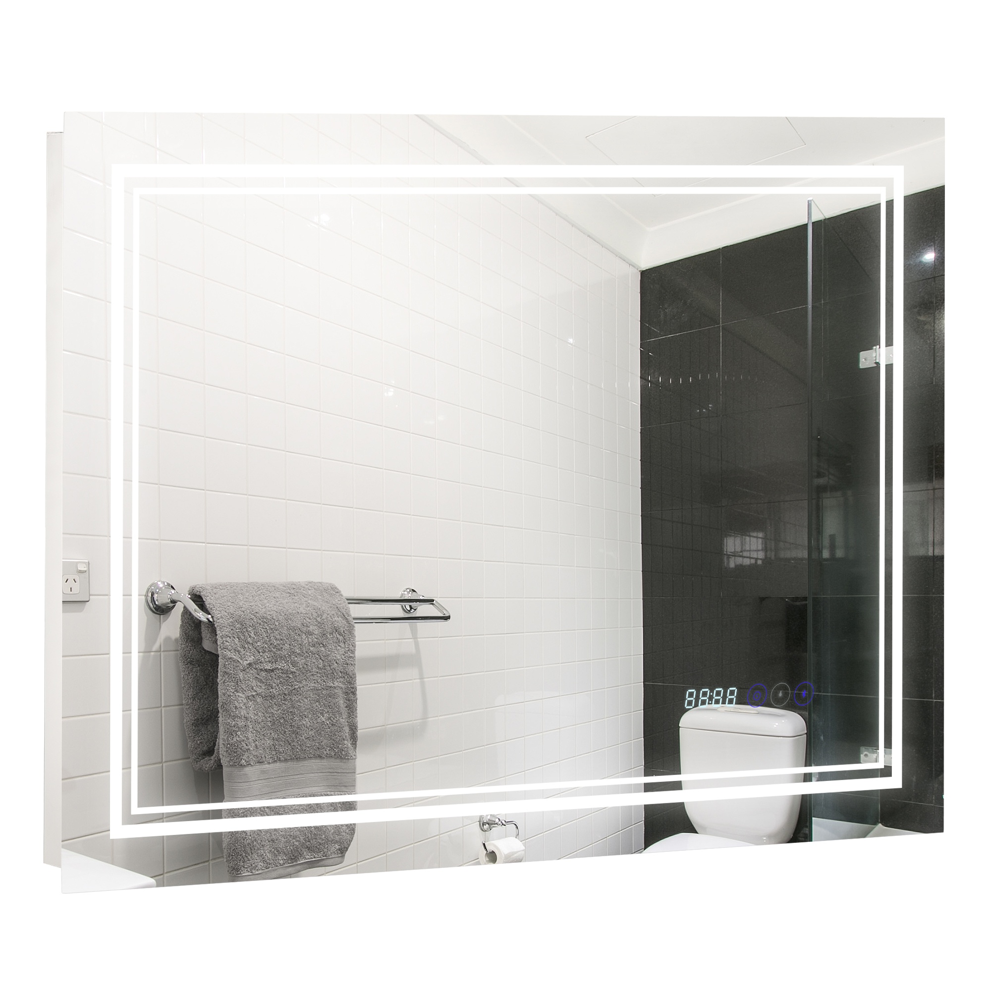 kleankin Badspiegel mit LED-Beleuchtung Bluetooth und Zeitanzeige Badezimmerspiegel 6000-6500K Wandspiegel Touch-Schalter Alu Silber 80 x 60 cm