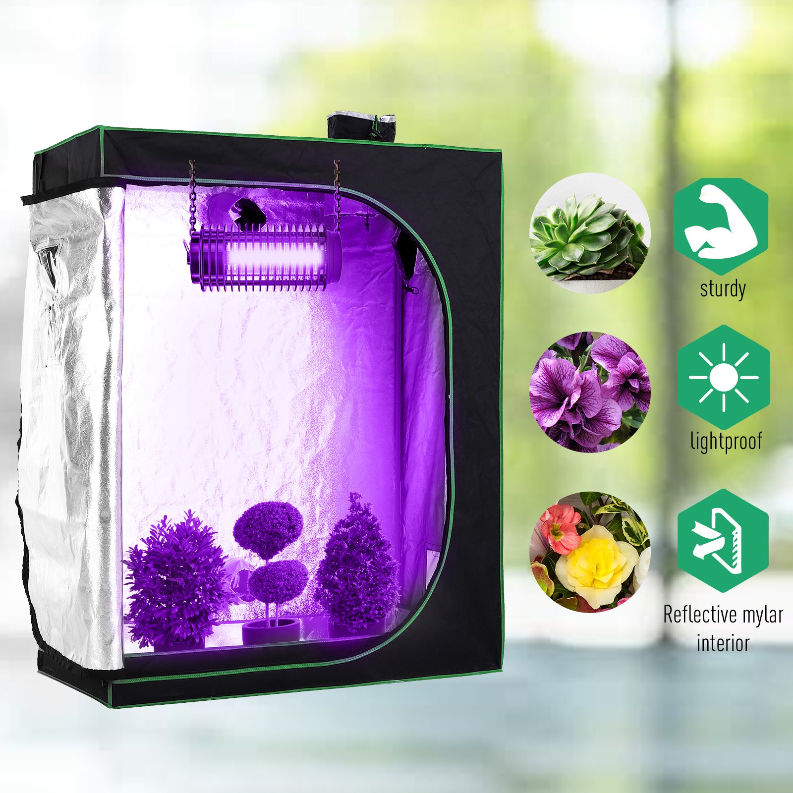 Outsunny Hydroponic Plant Grow Tent Canopy Indoor Reflective Mylar Green Room 600D Oxford 120L x60W x150Hcm Silver 