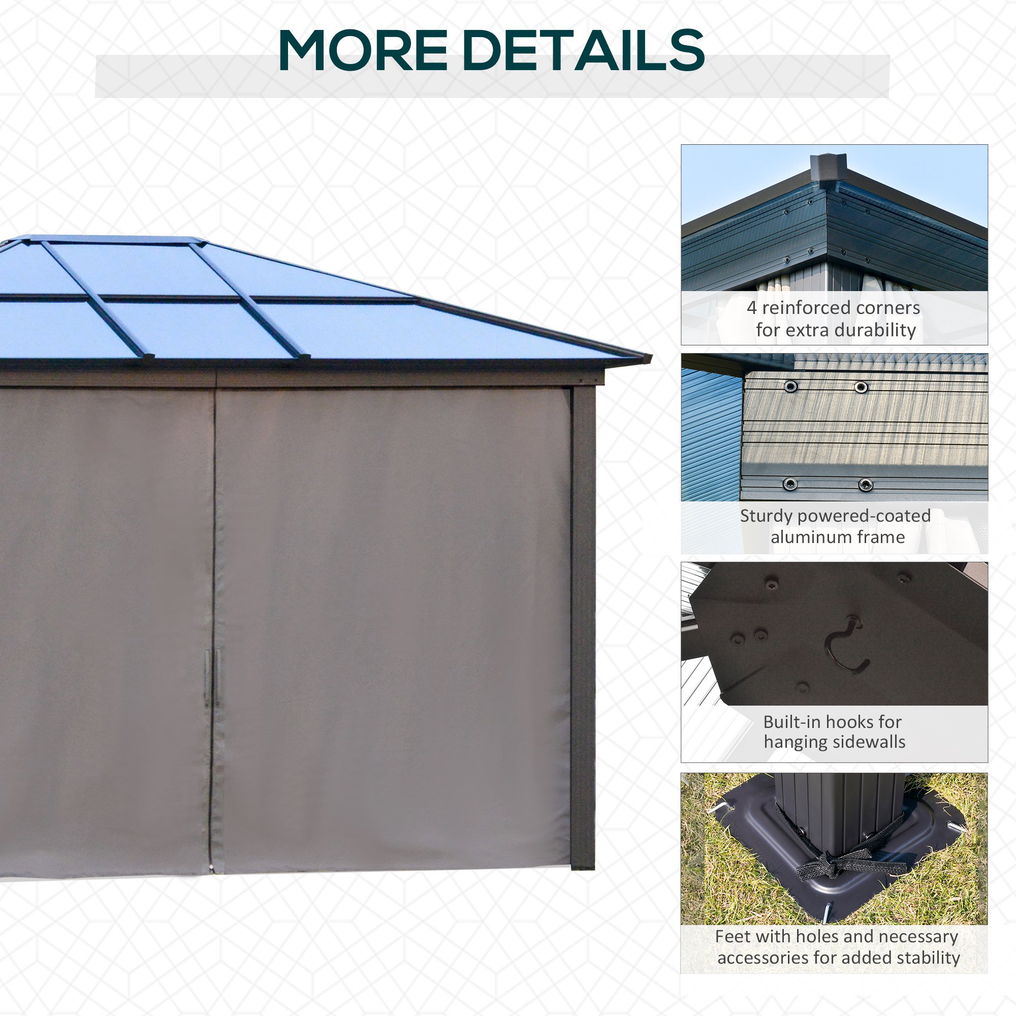 Outsunny 3.6 x 3(m) Hardtop Gazebo with UV Resistant Polycarbonate Roof & Aluminium Frame, Garden Pavilion with Mosquito Netting and Curtains