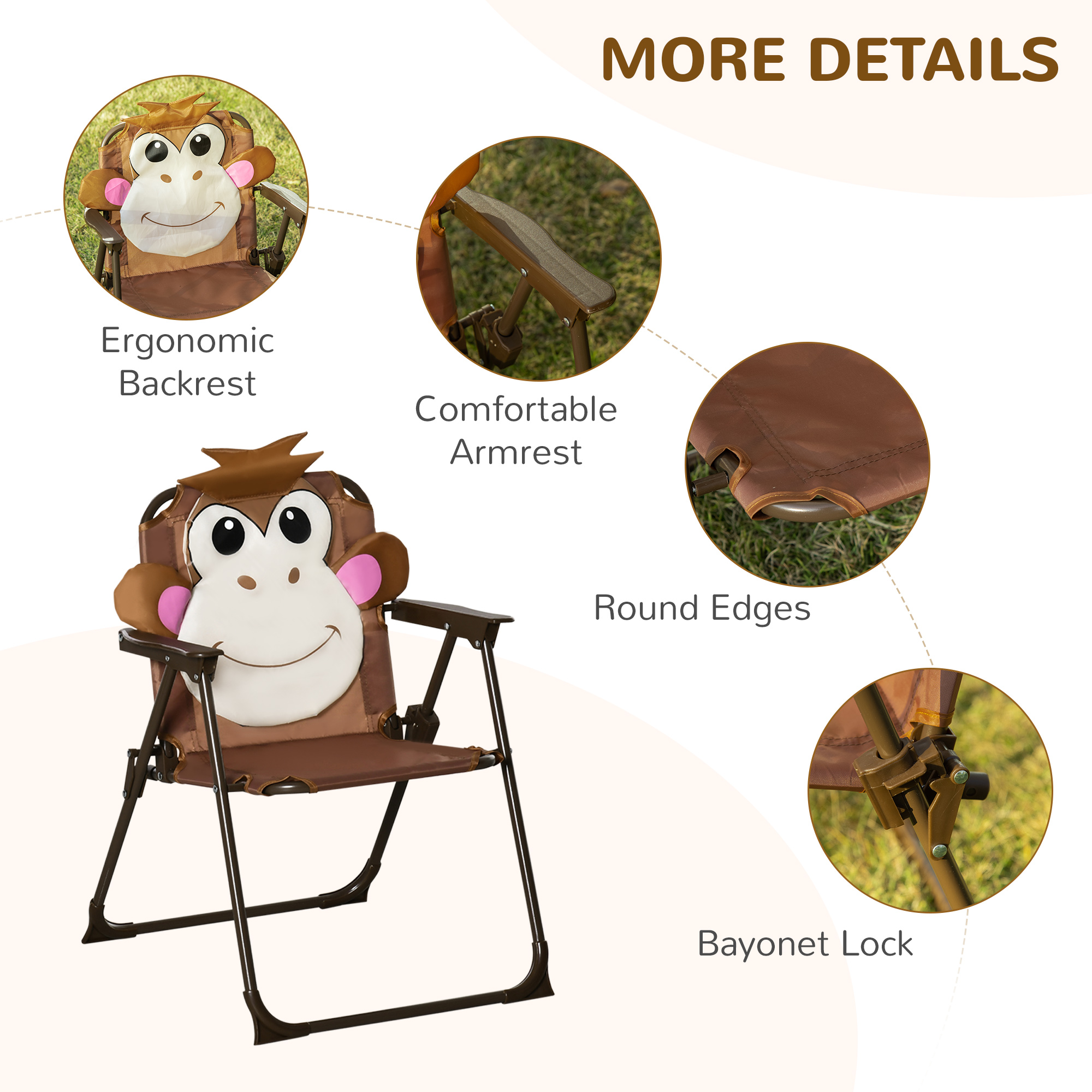 Outsunny Kids Picnic & Table Chair set, Outdoor Folding Garden Furniture w/ Monkey Design, Removable, Adjustable Sun Umbrella, Ages 3-6 Years - Brown