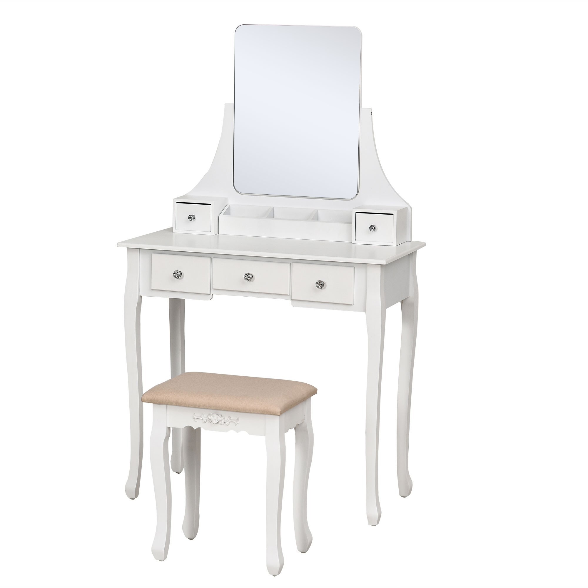 HOMCOM Schminktisch Frisierkommode Kosmetiktisch mit Spiegel, Hocker und 5 Schubladen Weiß, 80x40x137 cm