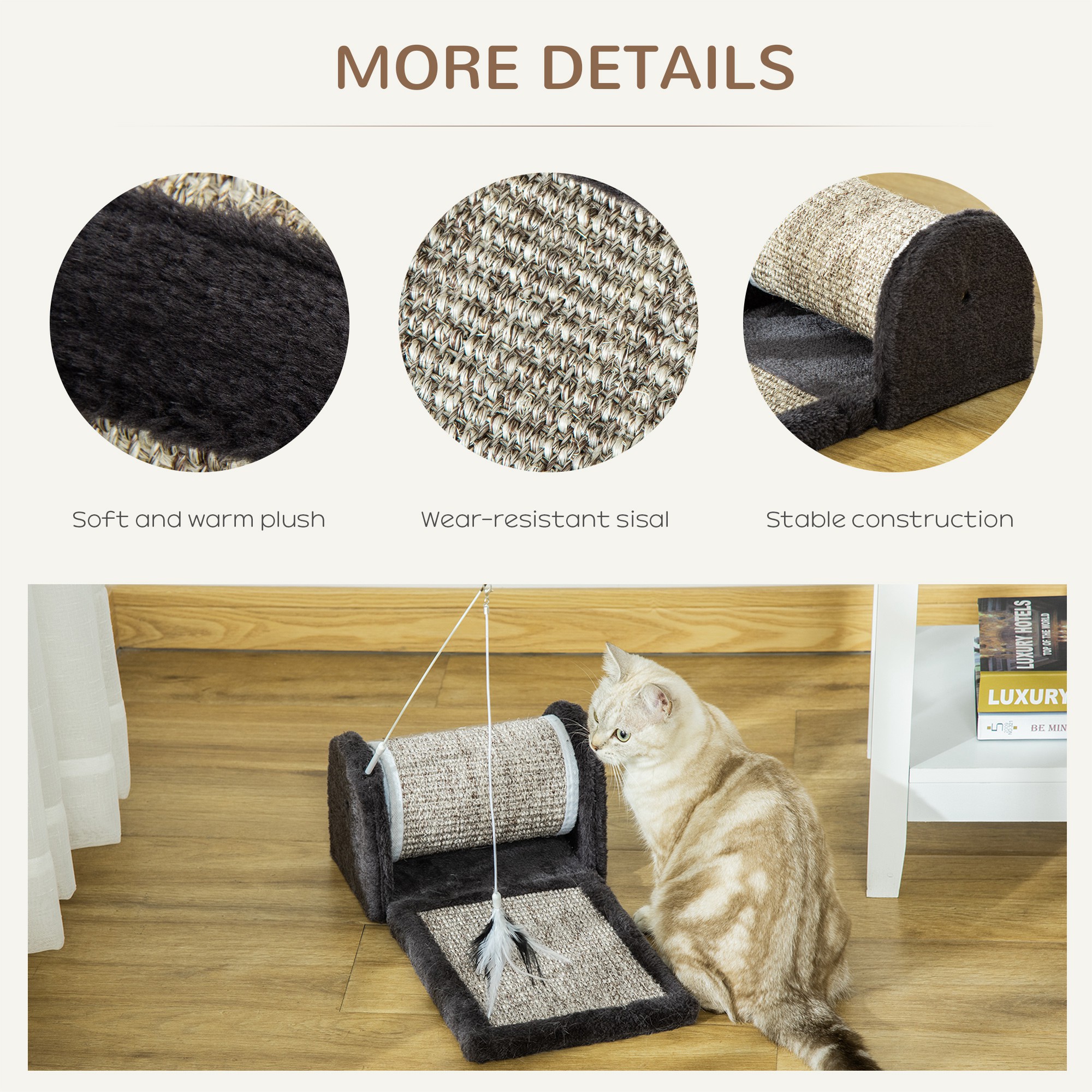 PawHut Cat Scratching Mat with Sisal Pad, Kitten Play Toy with Roller and Feather Teaser, 44 x 24 x 16 cm, Grey