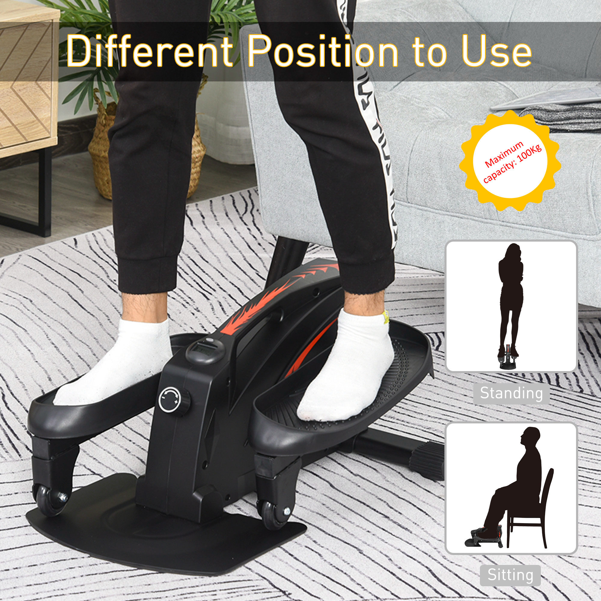 HOMCOM Mini Manual Elliptical Bike Under Desk Bike w/ LCD Monitor Anti-Slip Pedals Adjustable Resistance Home Office Compact Exercise Trainer 
