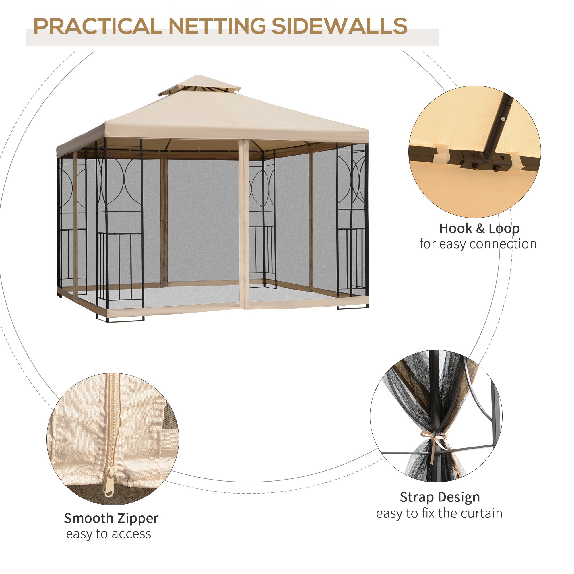Outsunny 3x3m Garden Gazebo Tent W/Netting, 2-tier Roof