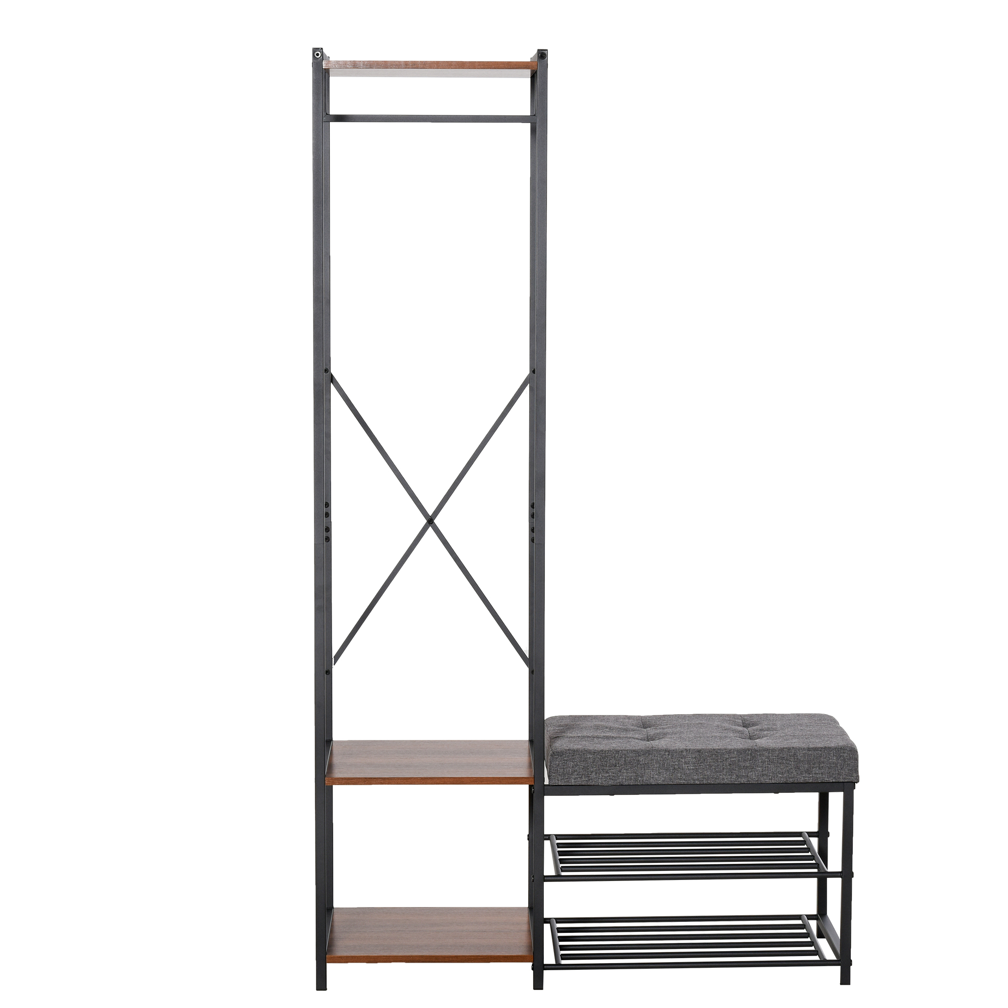 HOMCOM Perchero con Zapatero Banco para Zapatos Barra para Colgar y Estantes para Entrada Pasillo Dormitorio 104,5x42x180,5 cm Negro y Nogal Oscuro