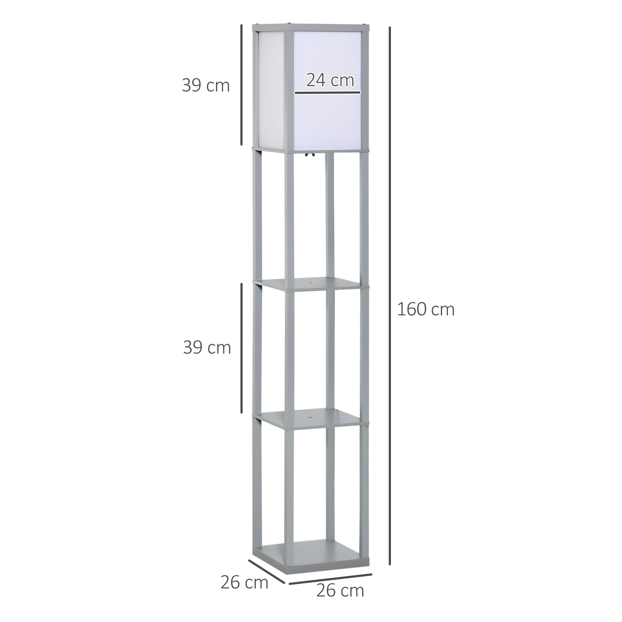 HOMCOM 3-Tier Floor Lamp, Floor Light w/ Storage Shelf, Reading Standing Lamp for Living Room, Bedroom, Office, Dorm, 160cm, Grey
