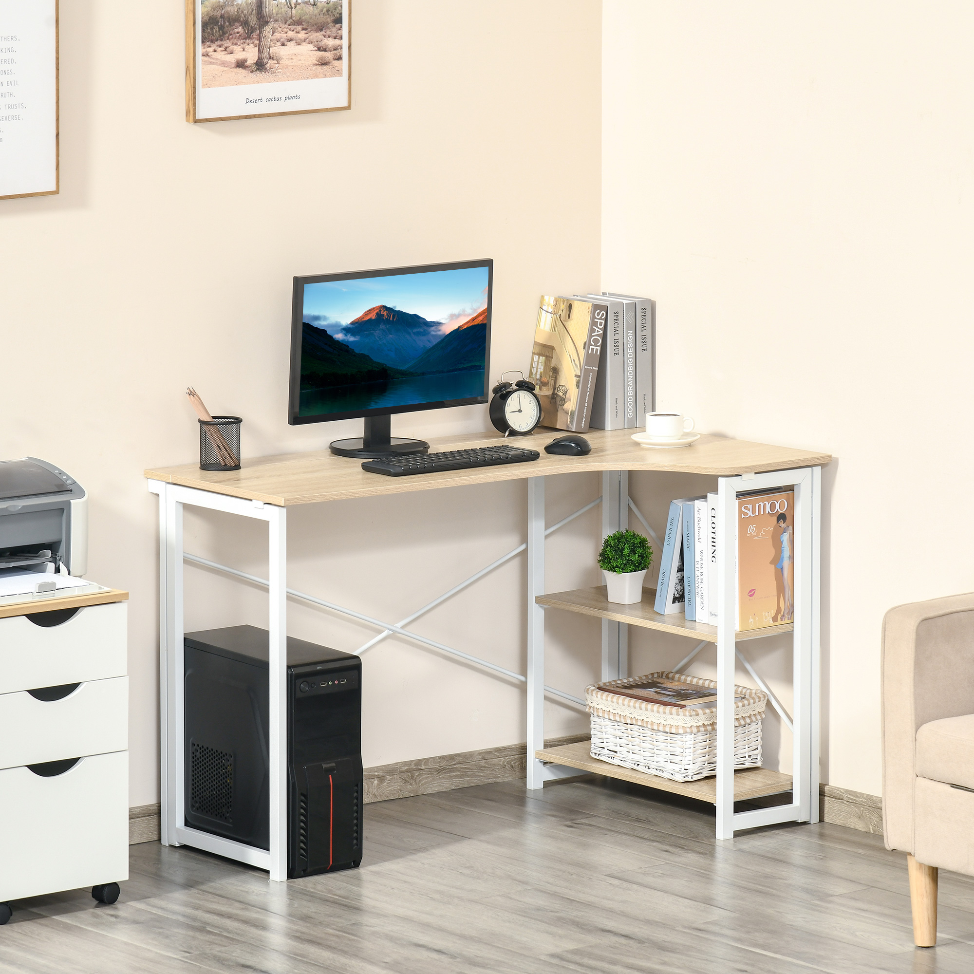 HOMCOM Folding L-Shaped Computer Desk, Oak Tone Corner Home Office Study Workstation with 2 Shelves