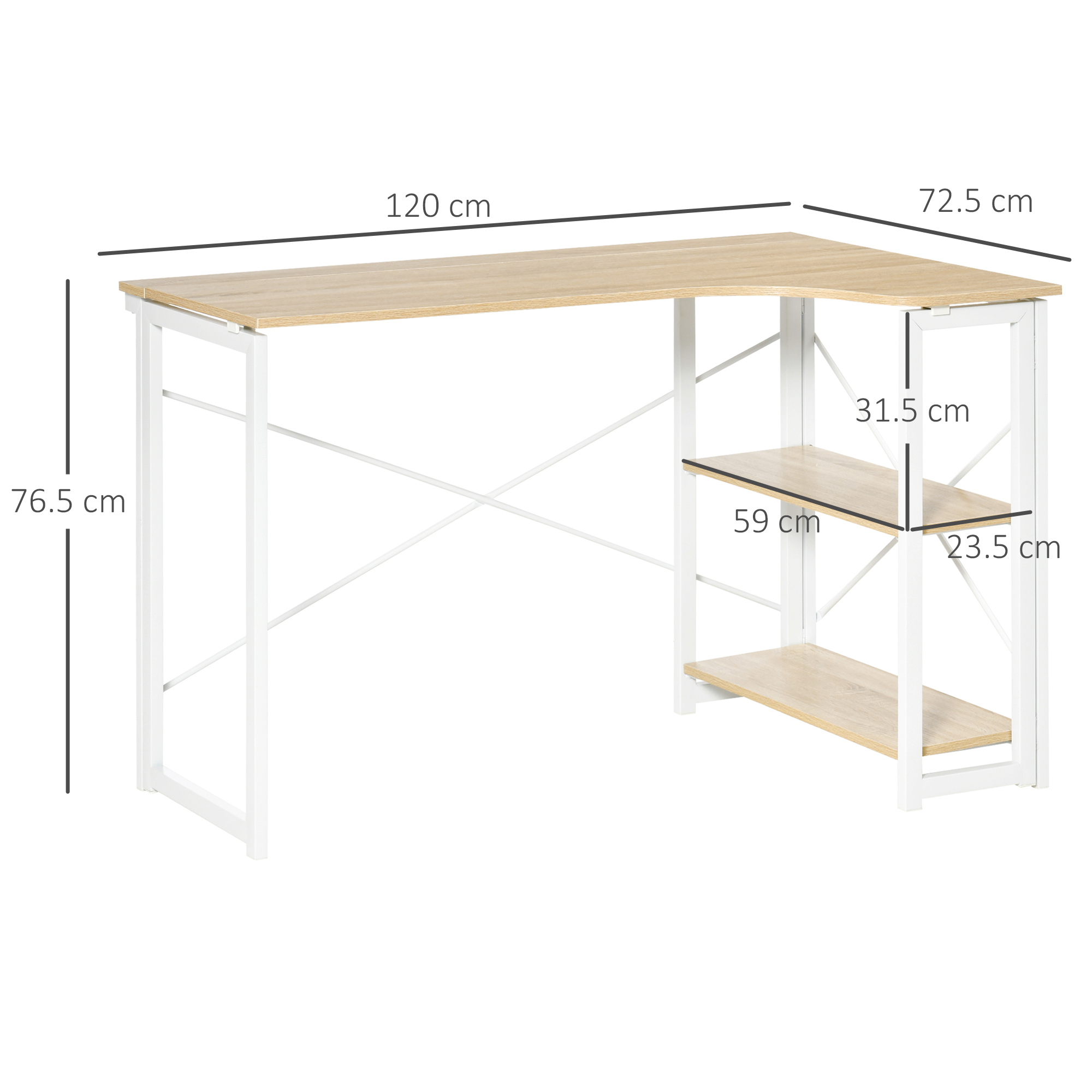 HOMCOM Folding L-Shaped Computer Desk, Oak Tone Corner Home Office Study Workstation with 2 Shelves