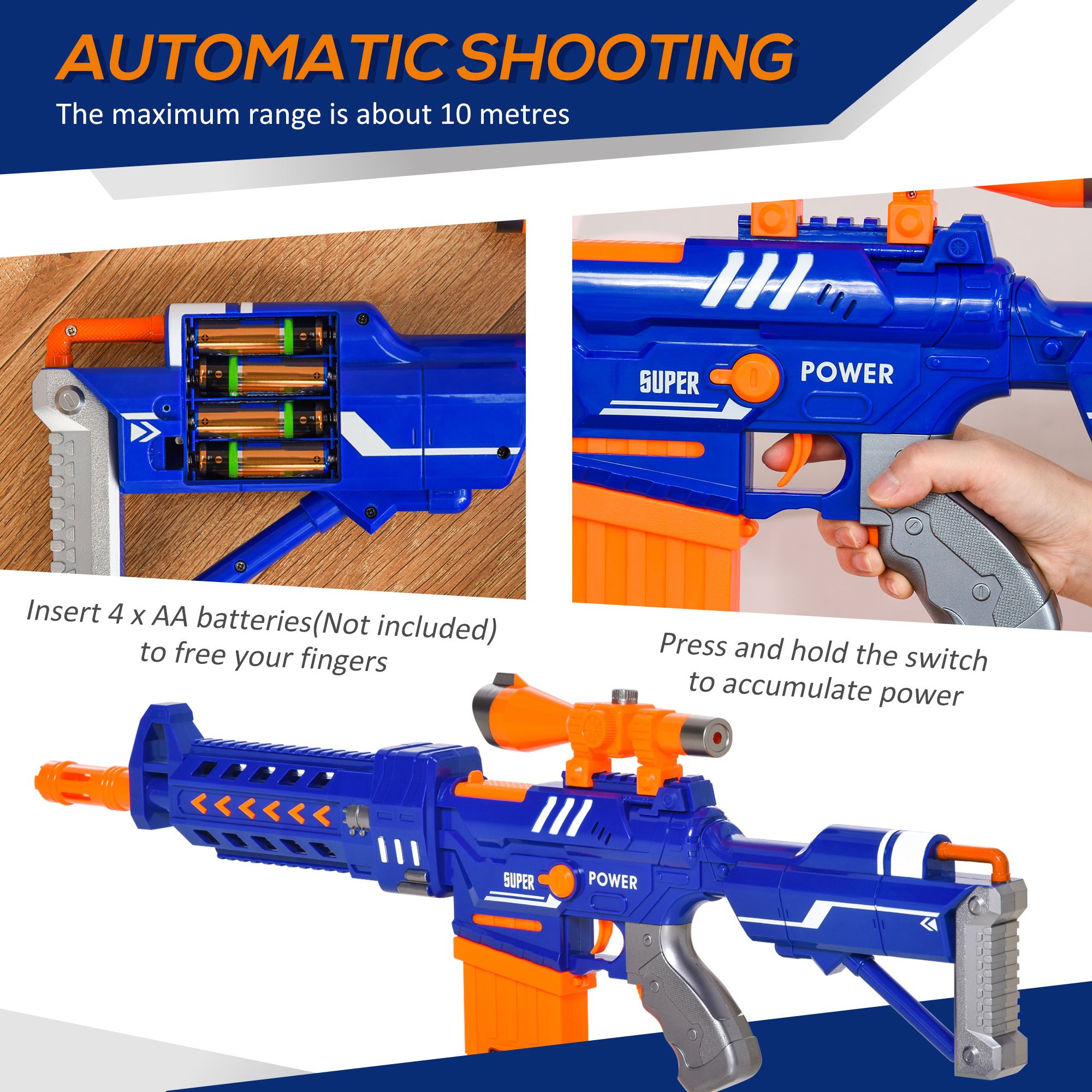 HOMCOM Toy Automatic Foam Blaster Gun Shooter w/ 20 Soft EVA Refill Darts Continuous Shot Magazine Shooting Target Board for Boys & Girls 8-12 Years
