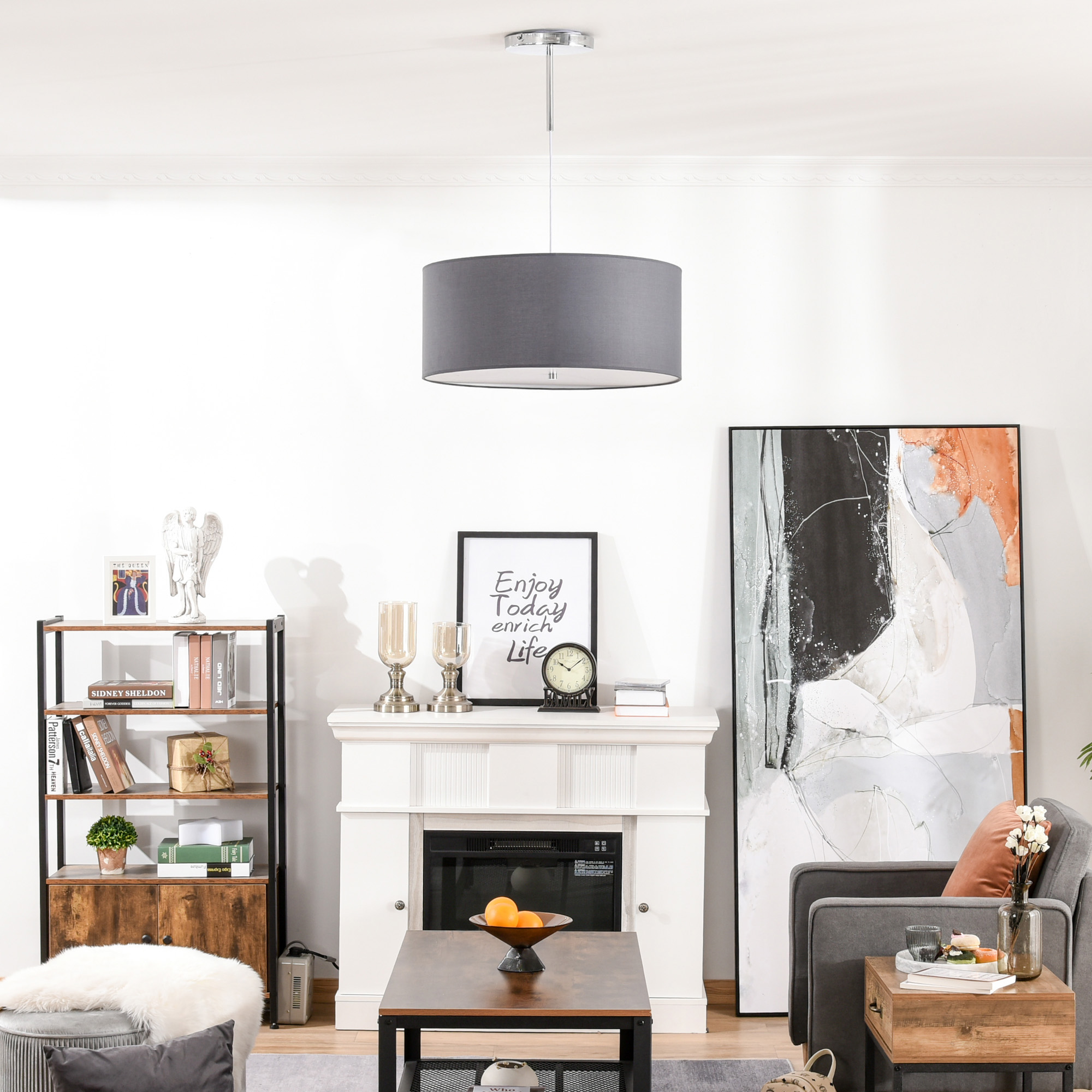 HOMCOM Modern LED Pendant Light Chandelier with Three Lighting Modes Metal Round Base for Living Room, Bedroom, Office, Entrance, Grey, 59 x 59 x 44cm