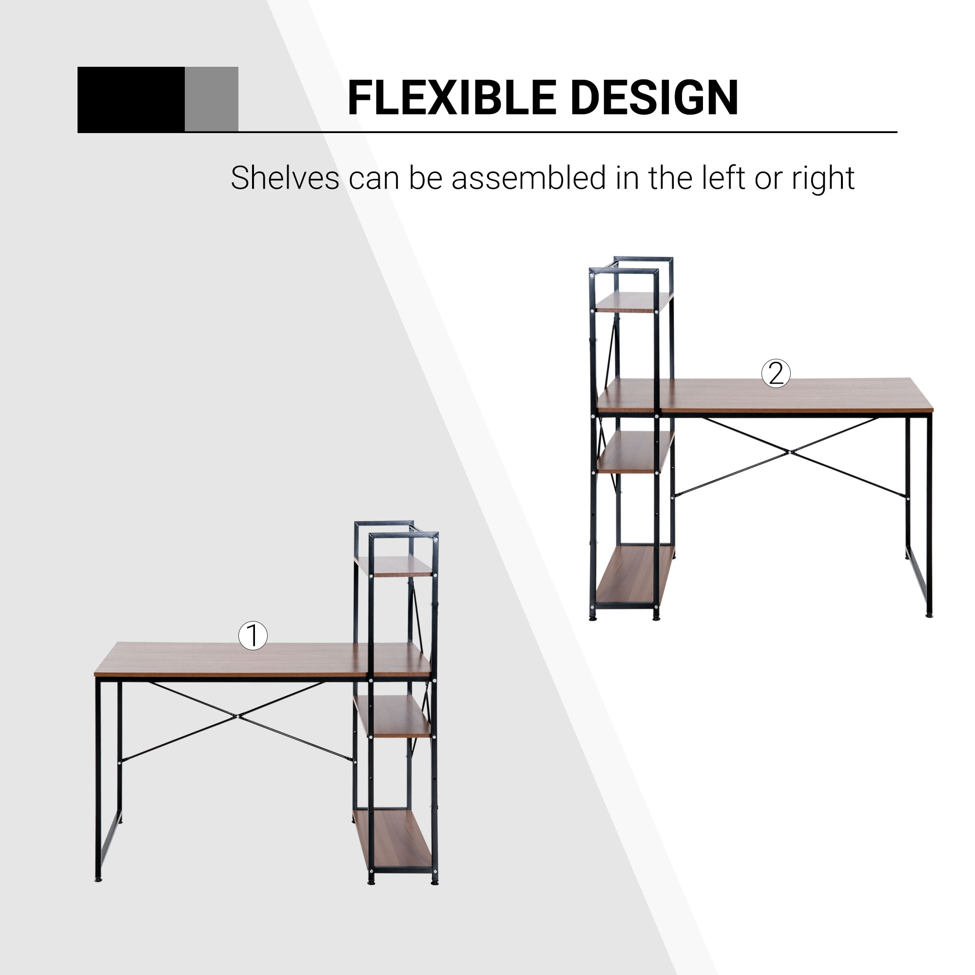 HOMCOM Workstation Desk with 4-Tier Bookshelf, Study PC Table, Home Office, Metal Frame, Wooden Top, Walnut & Black