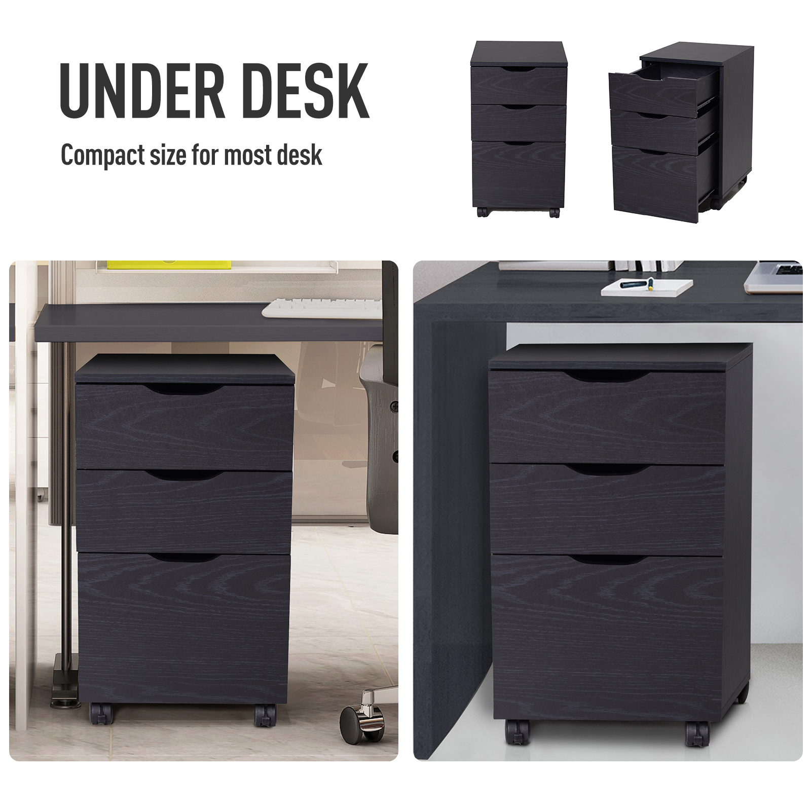 HOMCOM 3-Drawer File Cabinet Under Desk Office Storage Cabinet A4/Letter/Binders Movable W/ Slide Wheels Black Oak Color