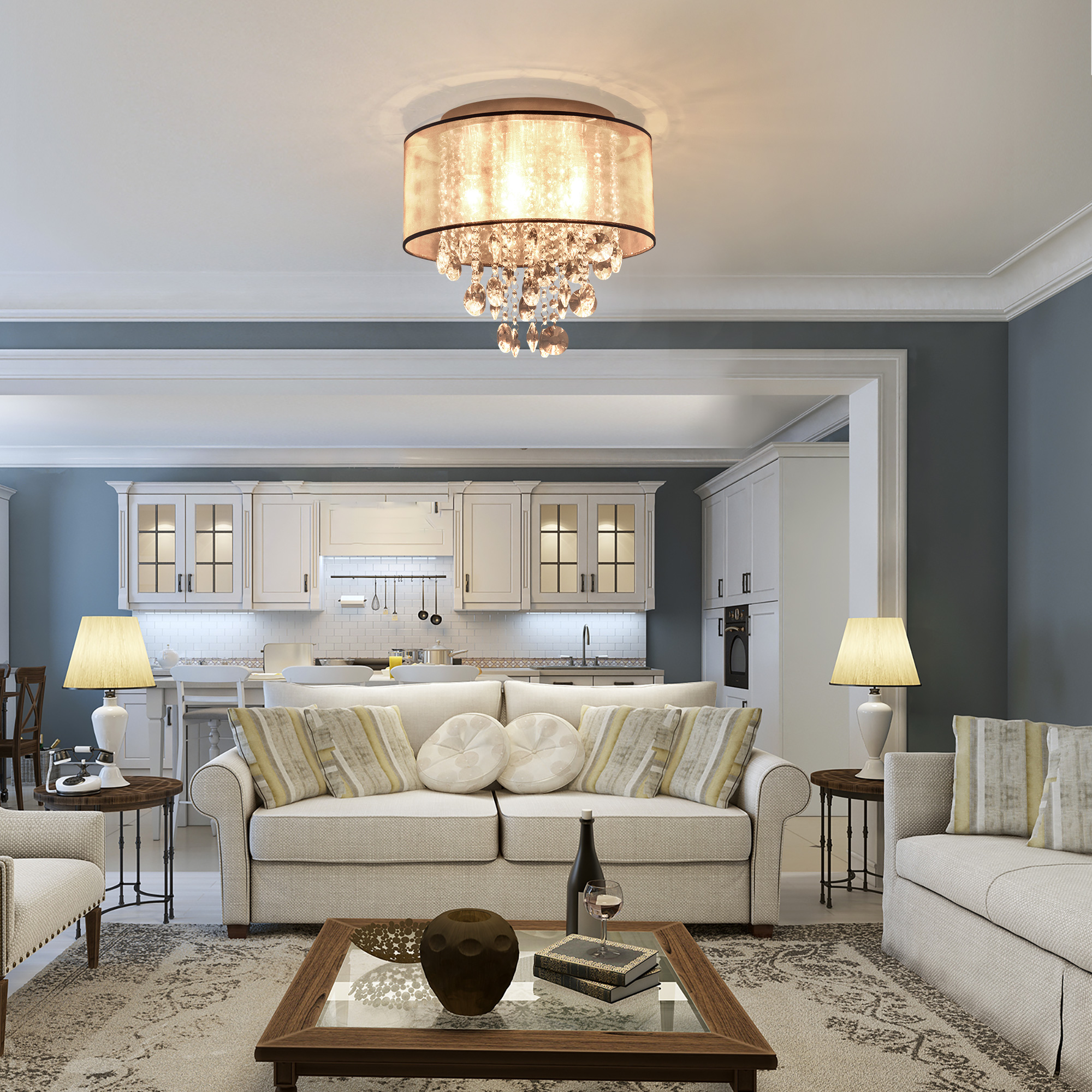 HOMCOM Modern Crystal Chandelier Flush Mount LED Ceiling Light with Drum Shade for Living Room Bedroom Dining Room Silver